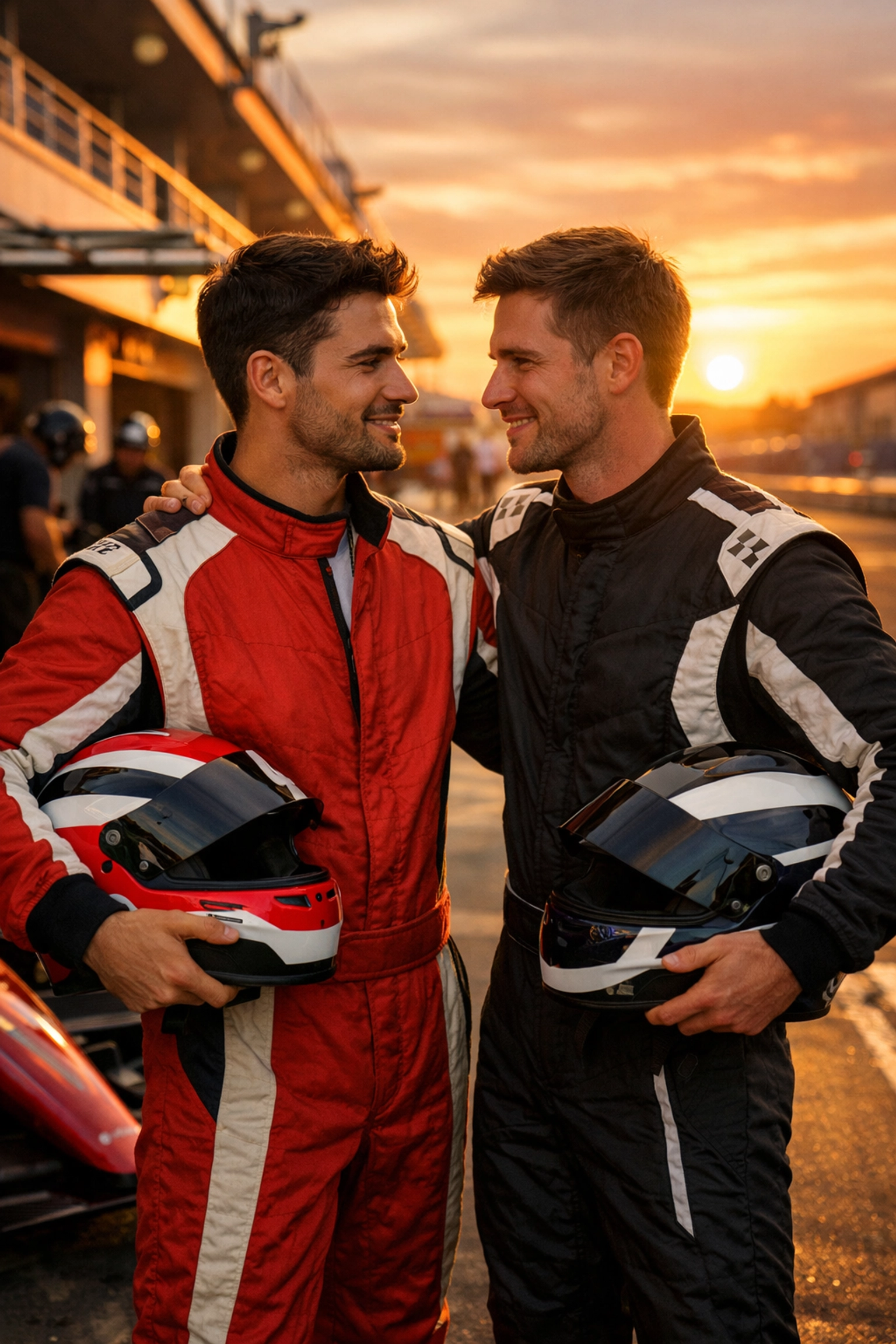Male race car drivers share tender moment at pit lane in MM romance story
