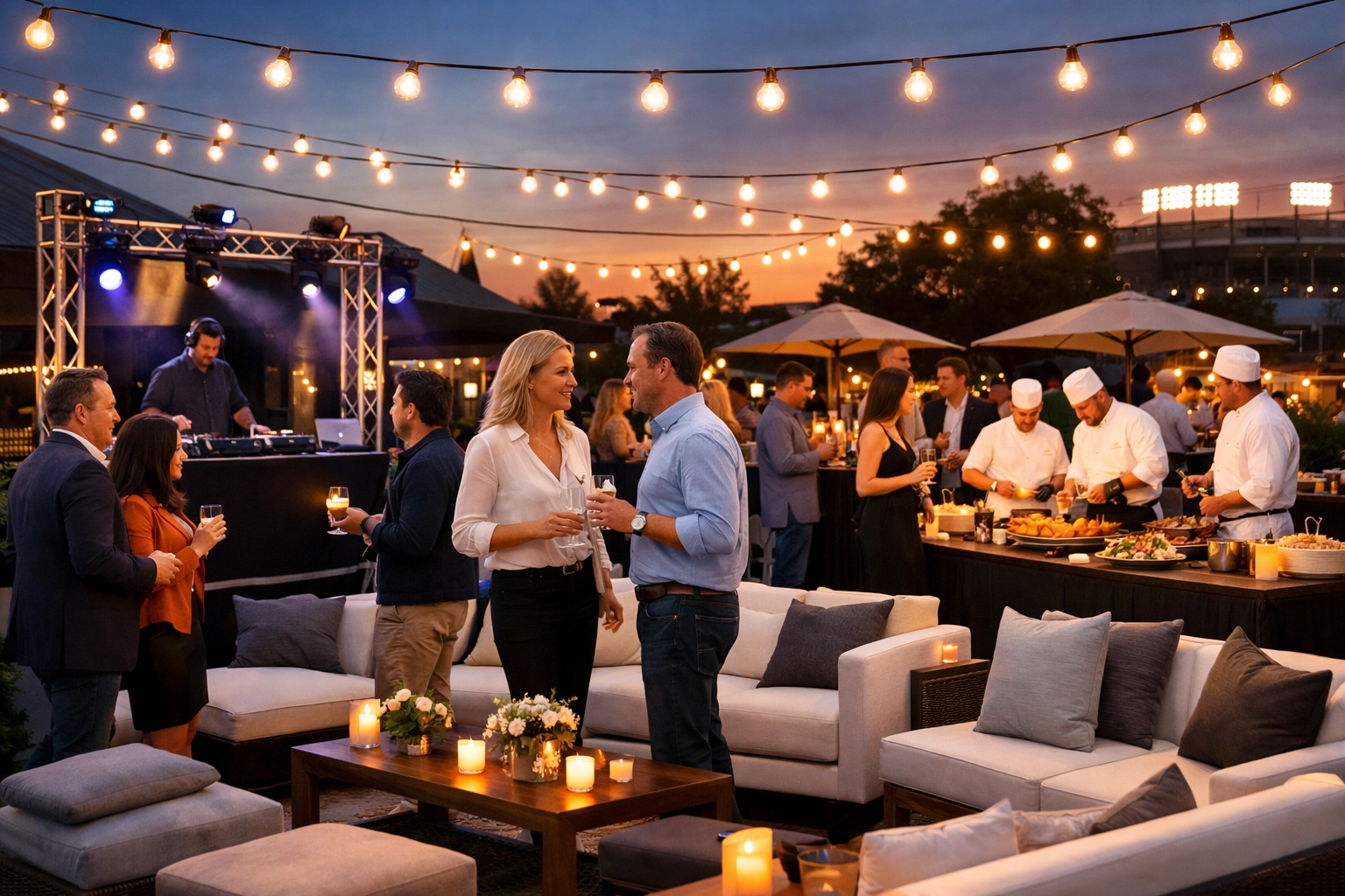 Premium tailgate party with fans celebrating before Super Bowl 2026 kickoff