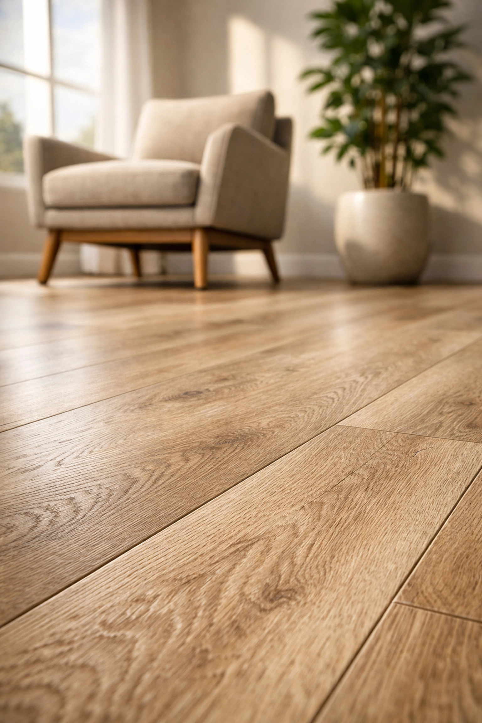 Durable oak-look luxury vinyl plank flooring installed in a bright Saskatoon rental suite for long-lasting quality.