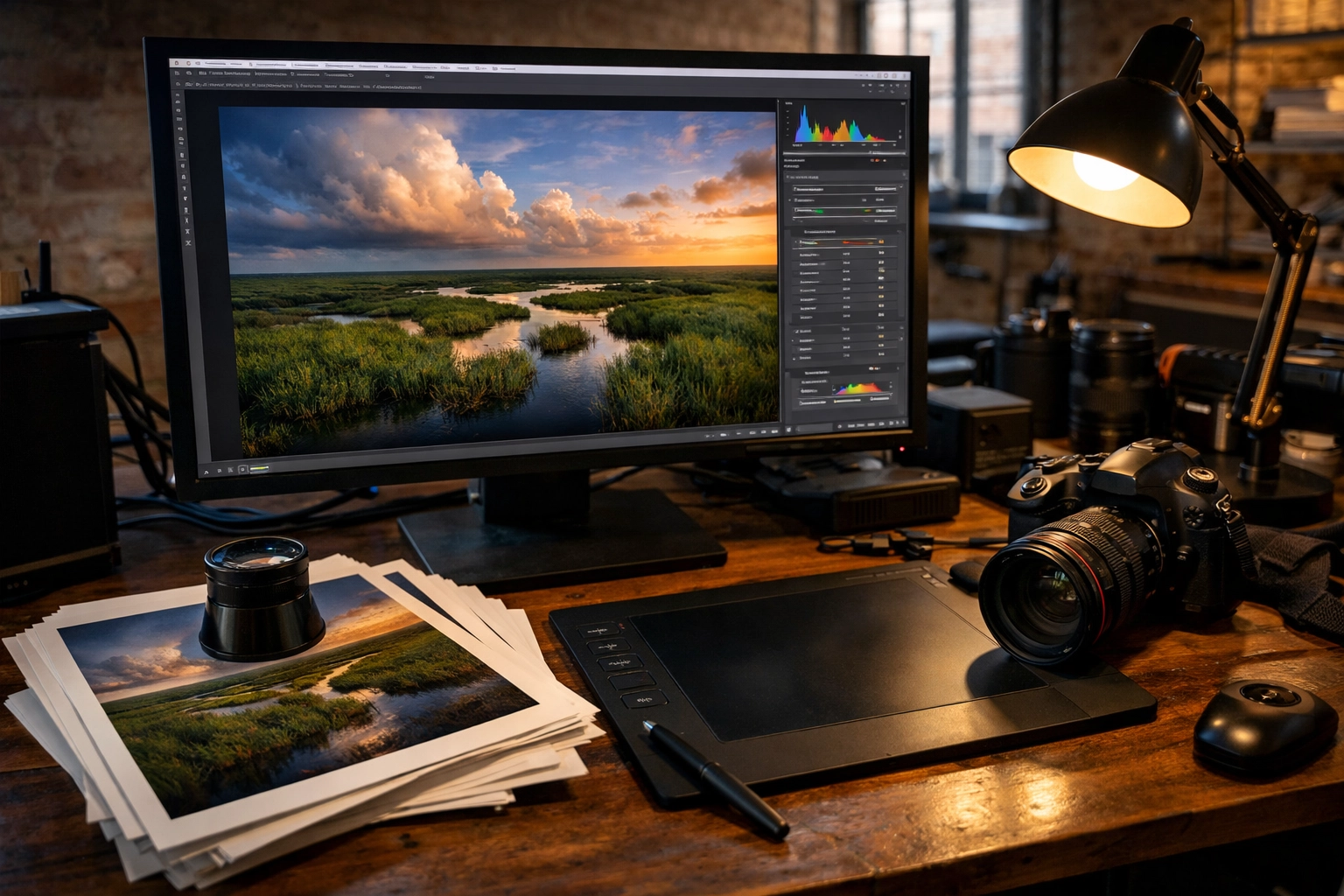 Editing landscape photos on a professional monitor to create high-value fine art photography prints.