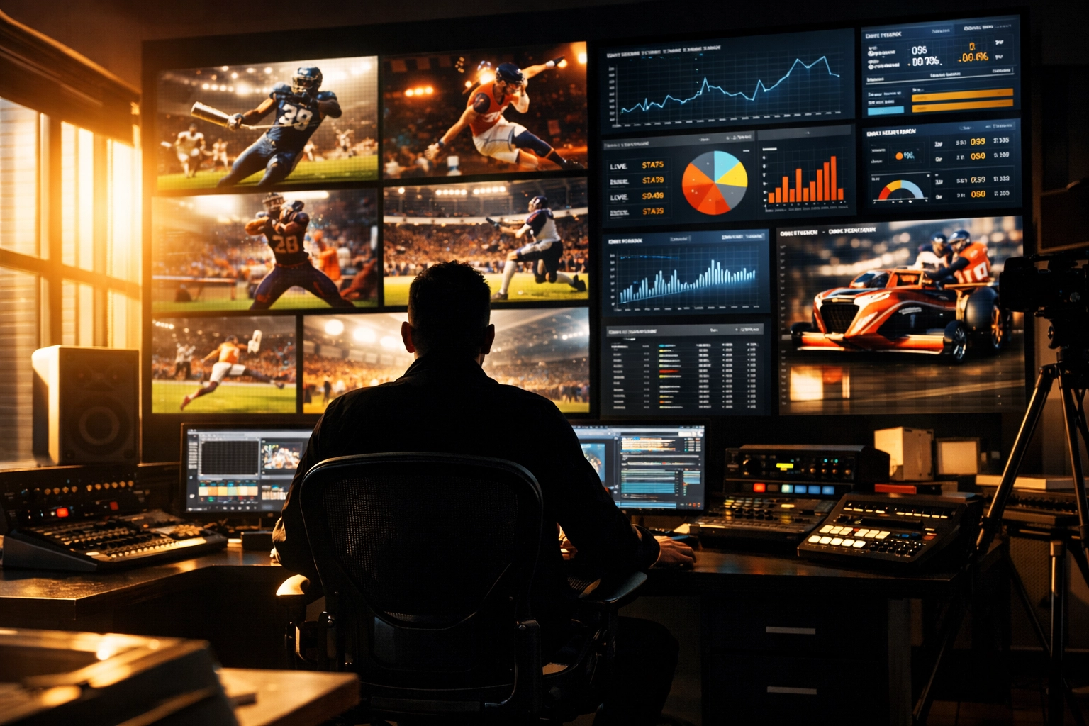 A creative director in a professional studio monitoring Super Bowl advertising analytics and game footage.