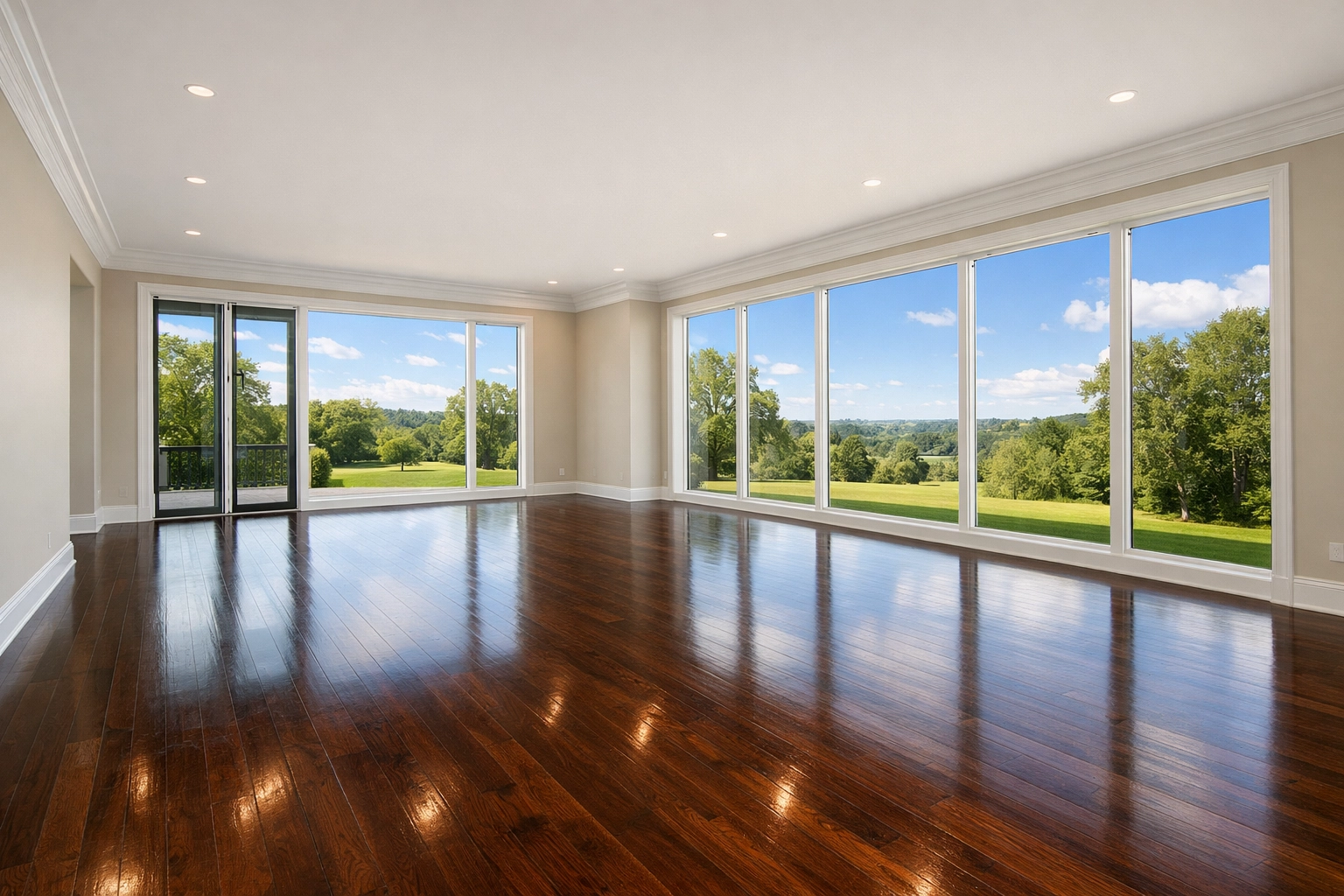 Immaculate hardwood floors in a Shrewsbury home after professional move-in move-out cleaning services.