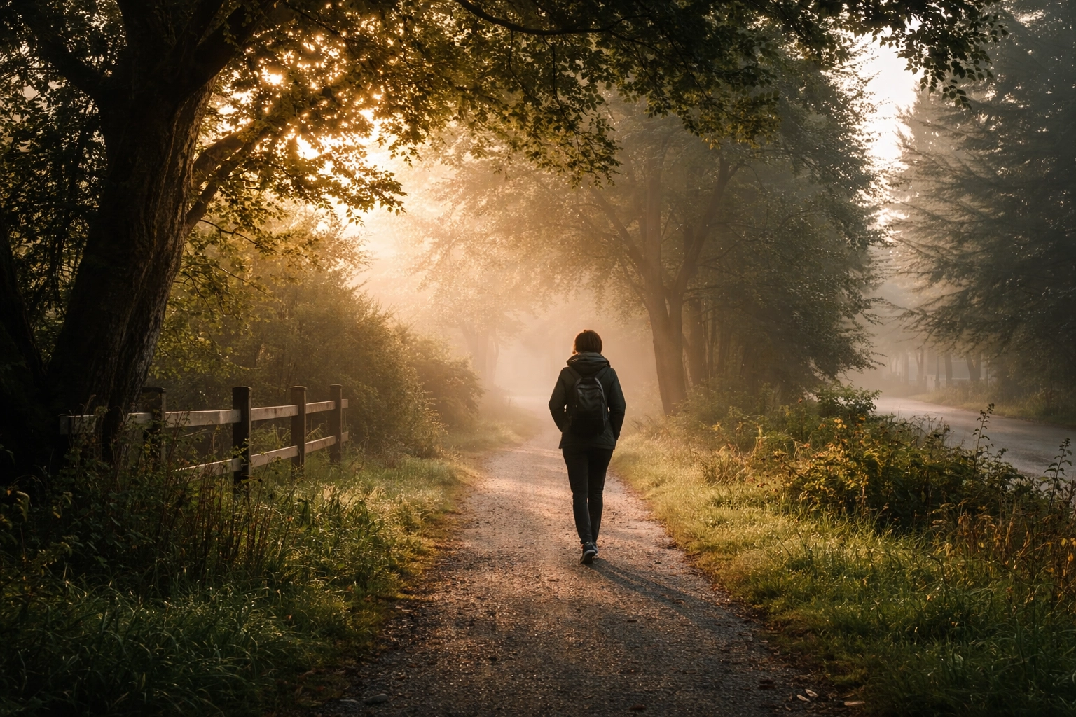 High-quality, realistic photography of a person taking a grounded morning walk on a quiet path, embodying integration in everyday life High-quality, realistic photography of a person taking a grounded morning walk on a quiet path, embodying integration in everyday life