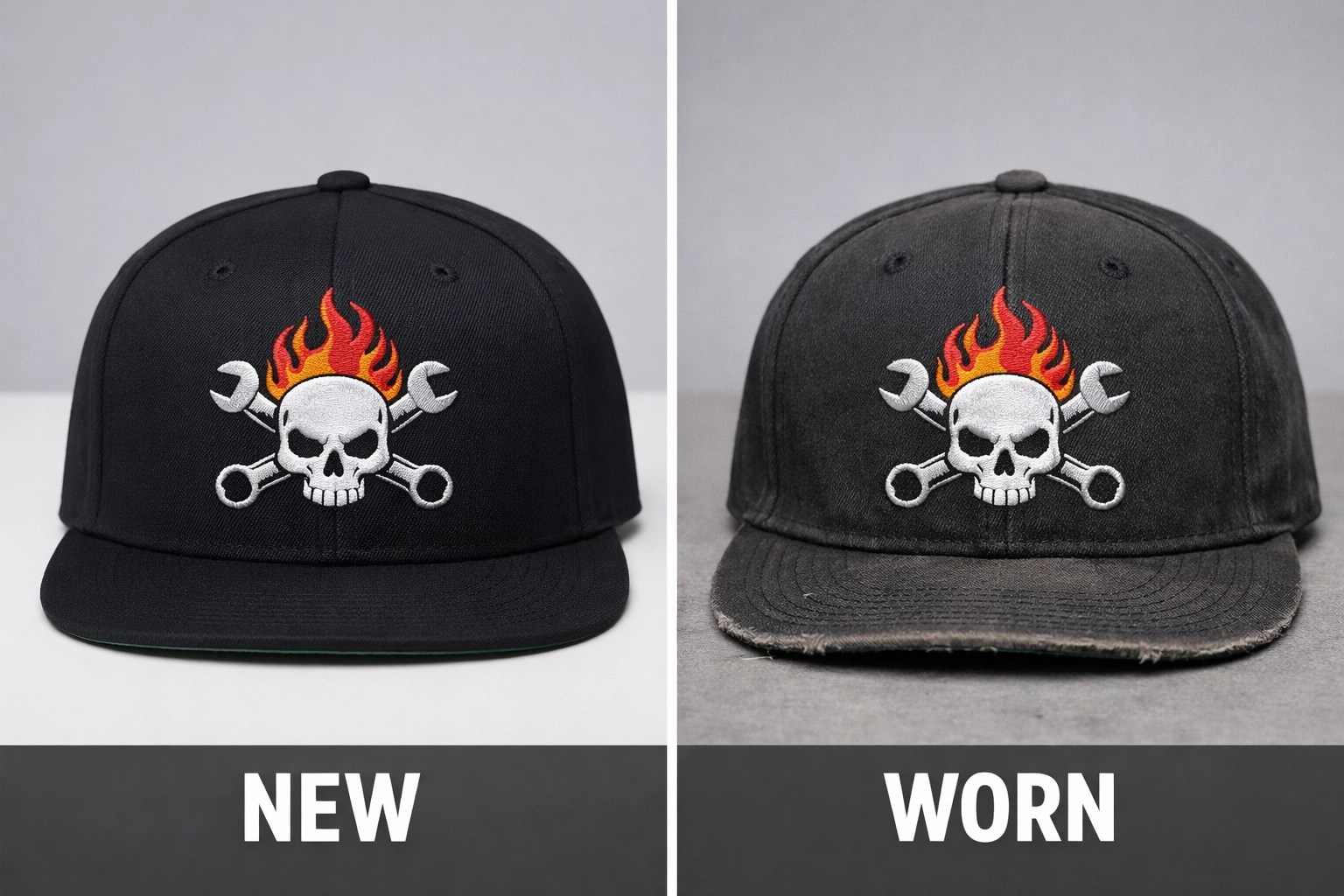 New and well-worn custom embroidered hat showing lasting durability of embroidery