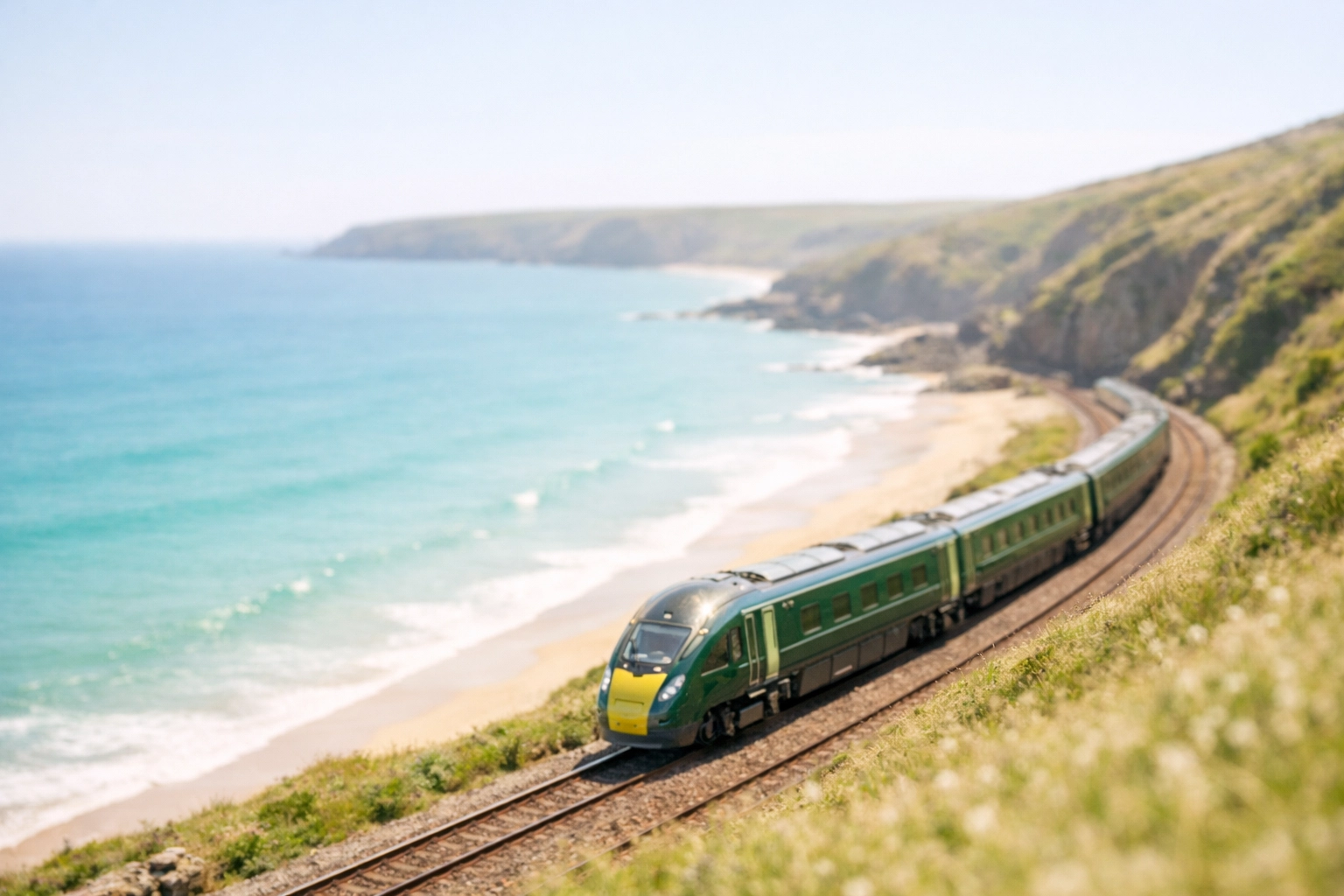 Great Western Railway train travelling along the scenic Cornish coast towards Porthtowan.