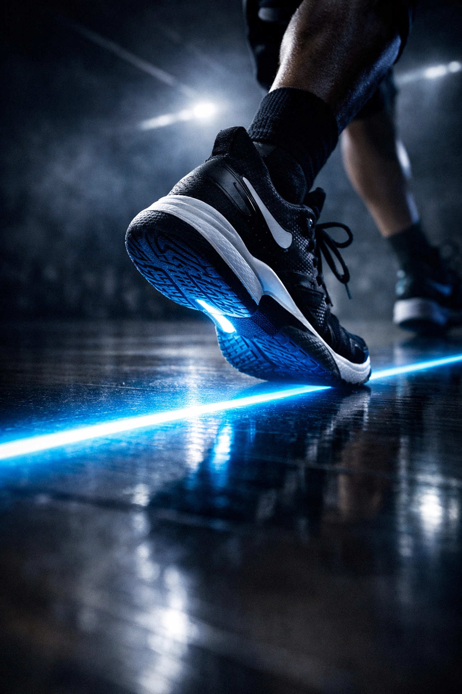 Basketball athlete sneakers crossing a line on the court representing the transfer portal transition.