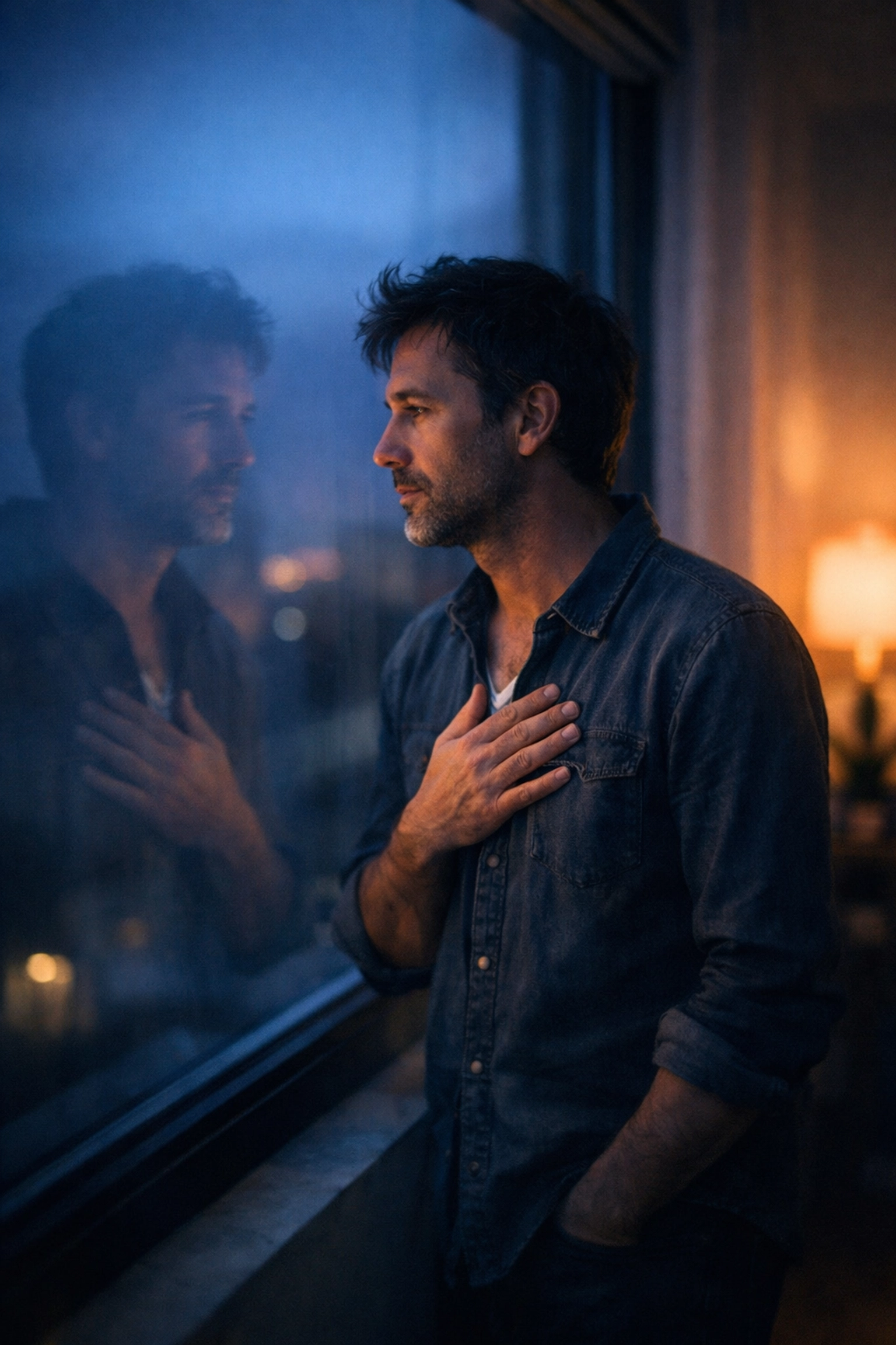 A man reflecting on his identity and self-discovery journey in a quiet, moody room.