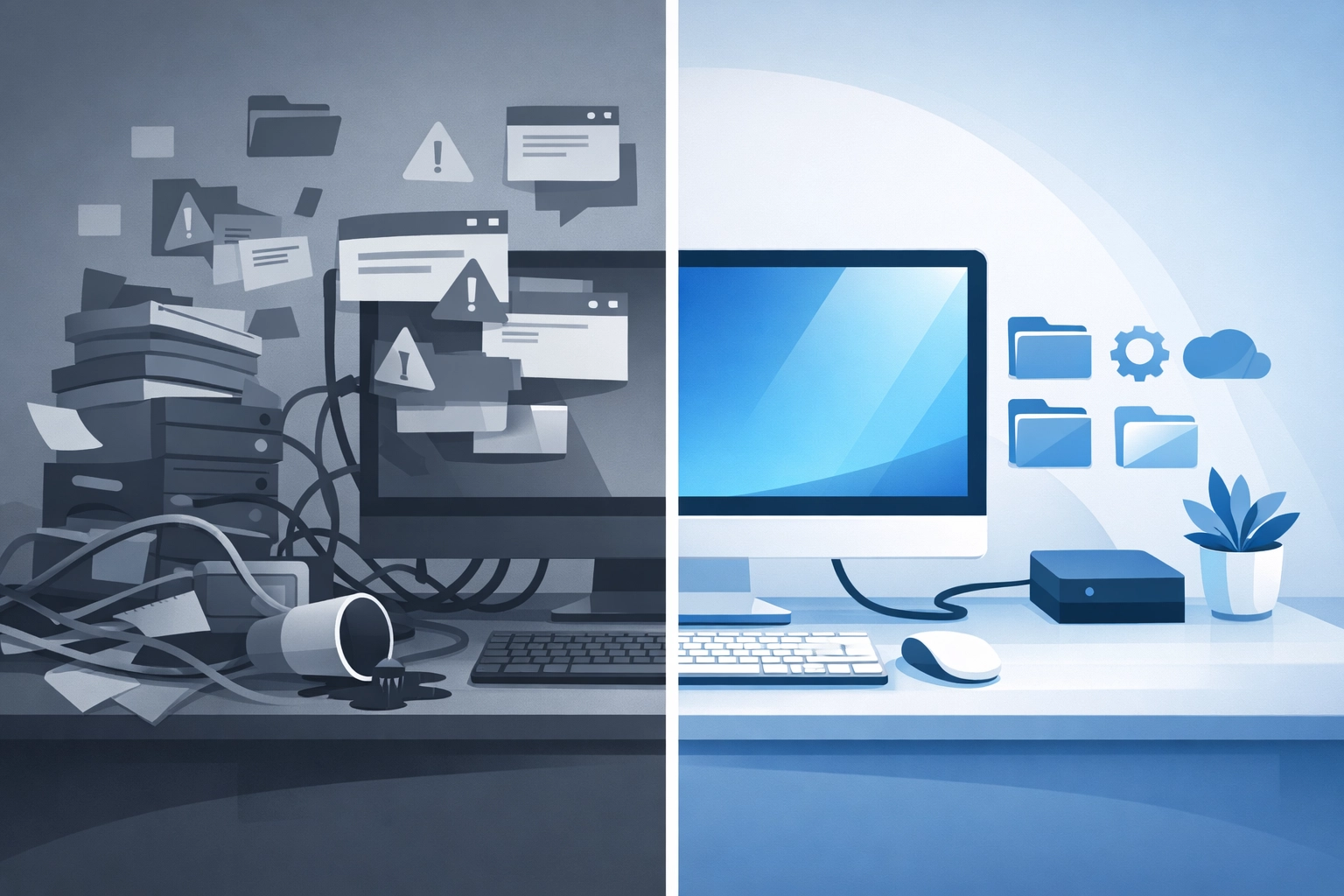 Before and after computer maintenance showing organized vs cluttered system