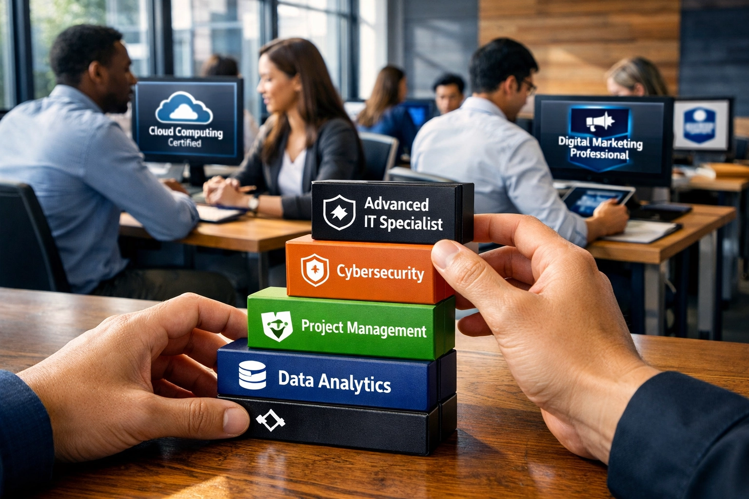 Students reviewing stackable credentials and digital certifications at modular workstations in modern classroom