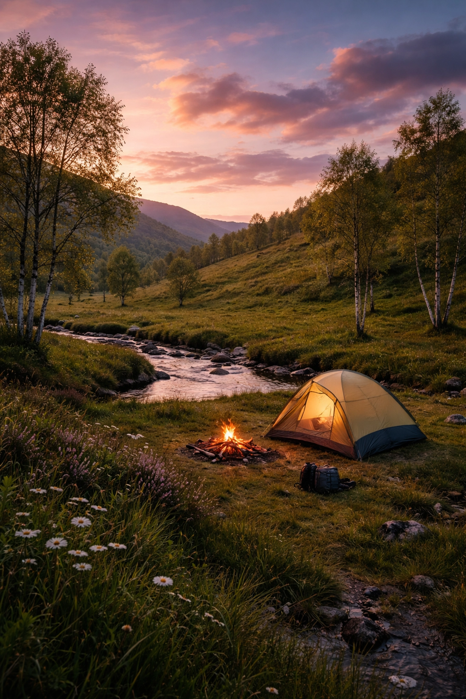 Scenic wild camping tent setup near a stream at dusk in the peaceful UK countryside