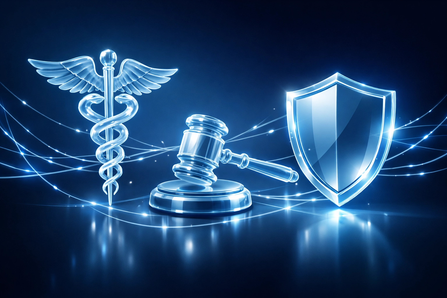 Glowing symbols of medical, legal, and security industries connected by a secure digital network.