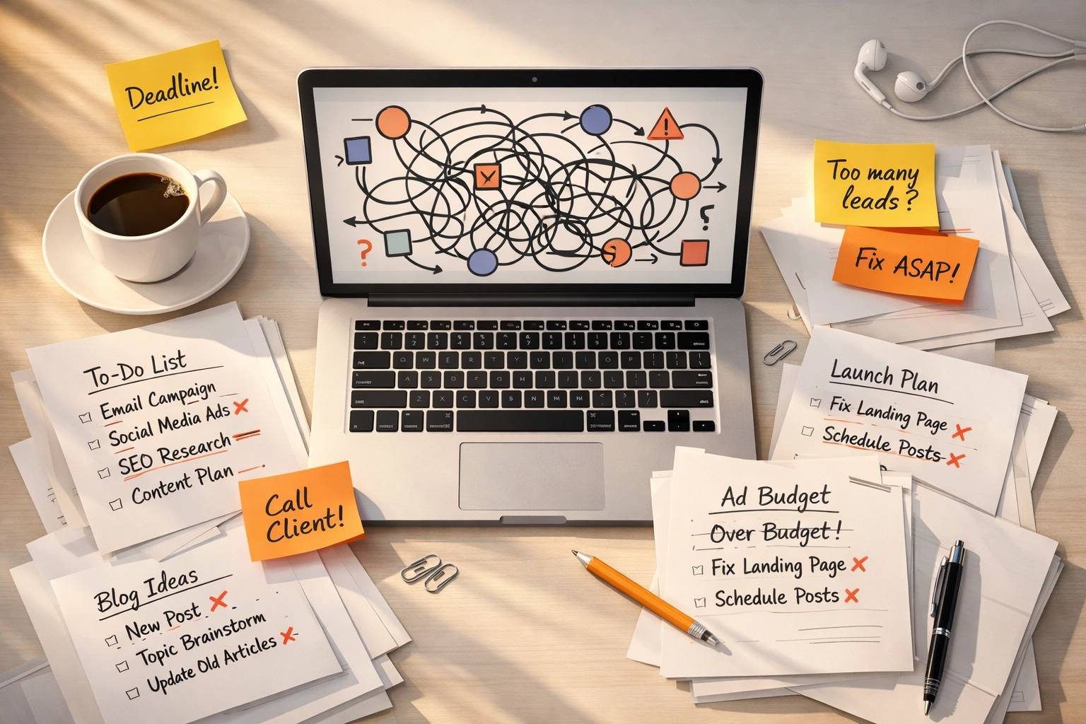 Desk workspace showing manual marketing tasks and scattered workflow notes before automation