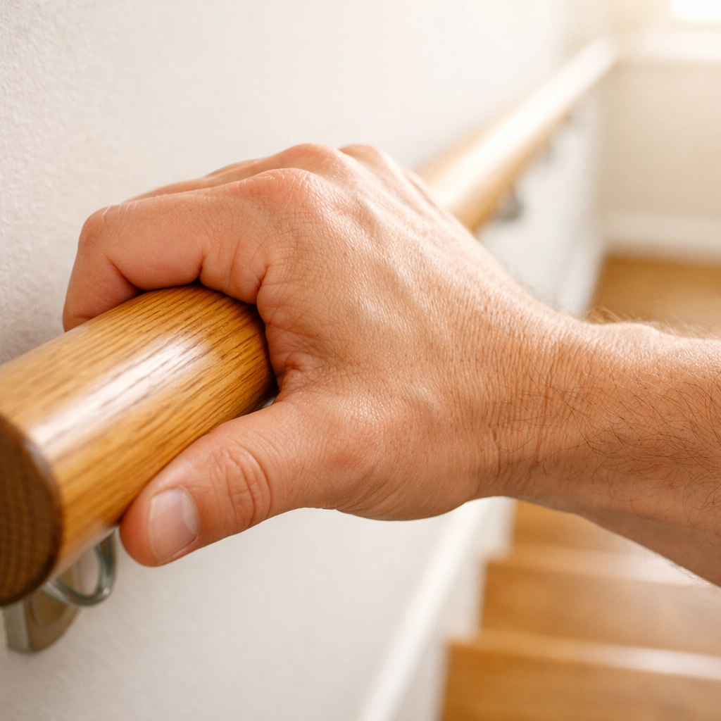 Close-up of a hand using a firm power grip on a secure wooden handrail for stair safety.