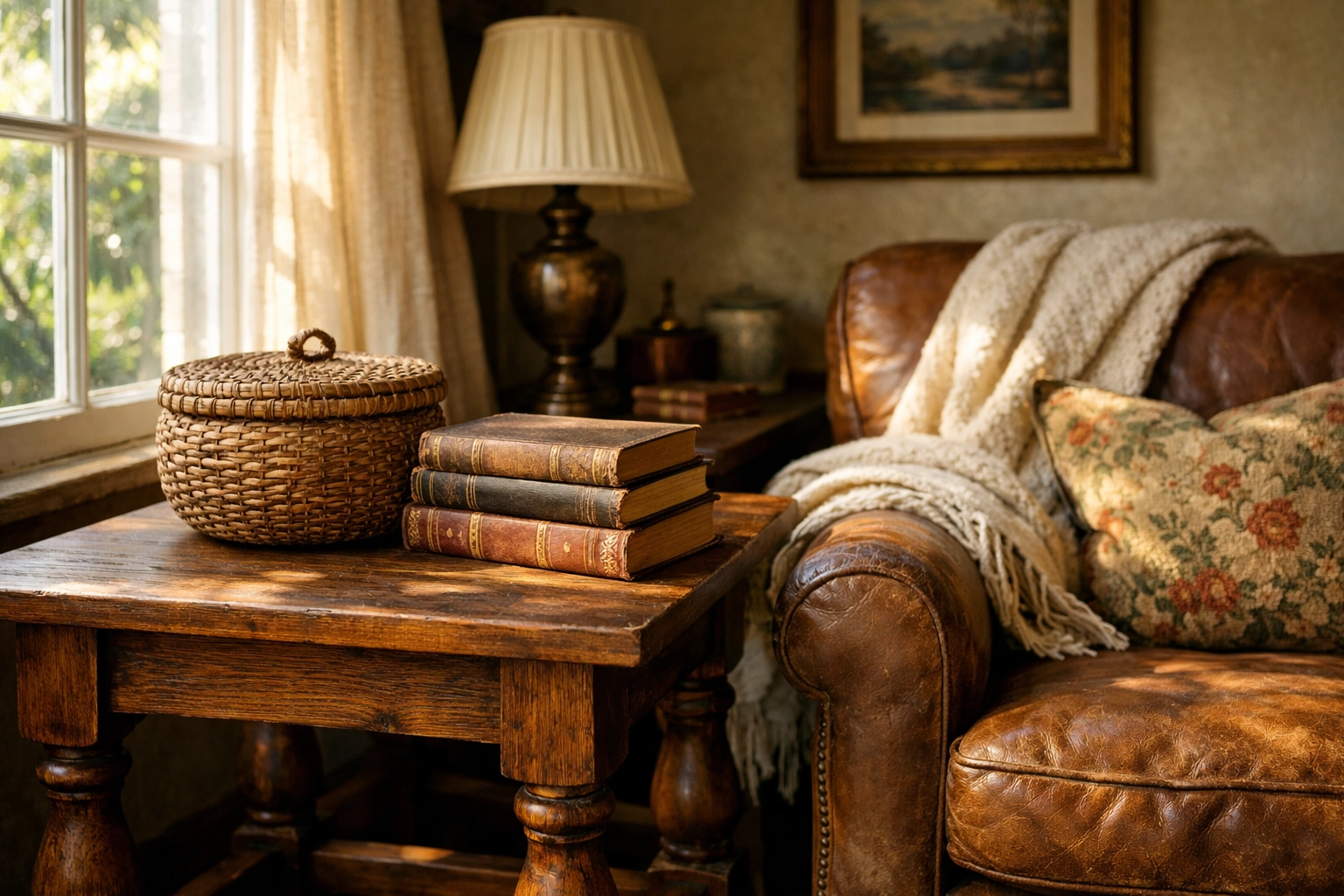A cozy reading nook featuring a sturdy handcrafted wooden side table and artisanal home decor accessories.
