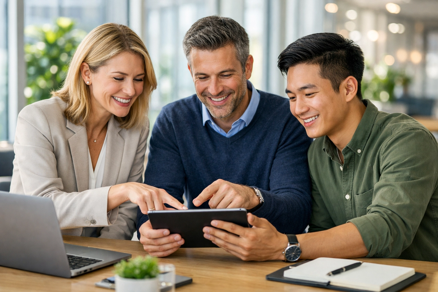 Collaborative team discusses ServiceNow workflow on a tablet, highlighting high user adoption and engagement.