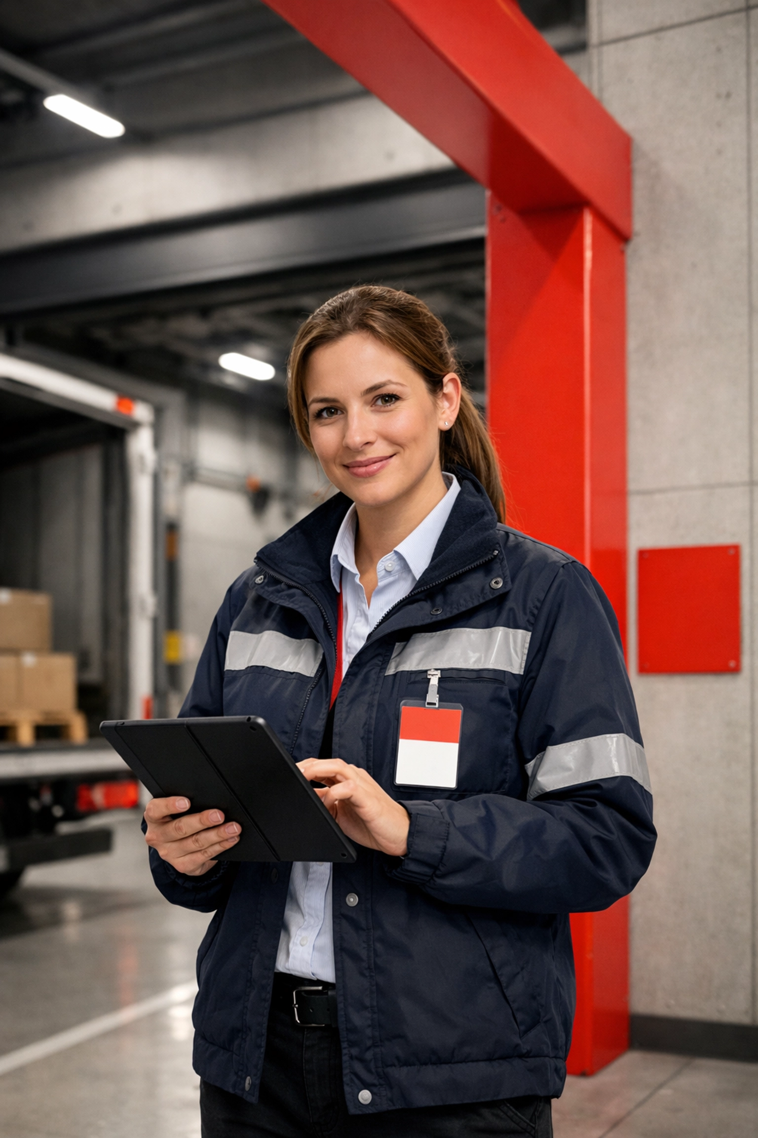 Professional logistics manager in a modern Hertford storage facility loading bay managing retail distribution.