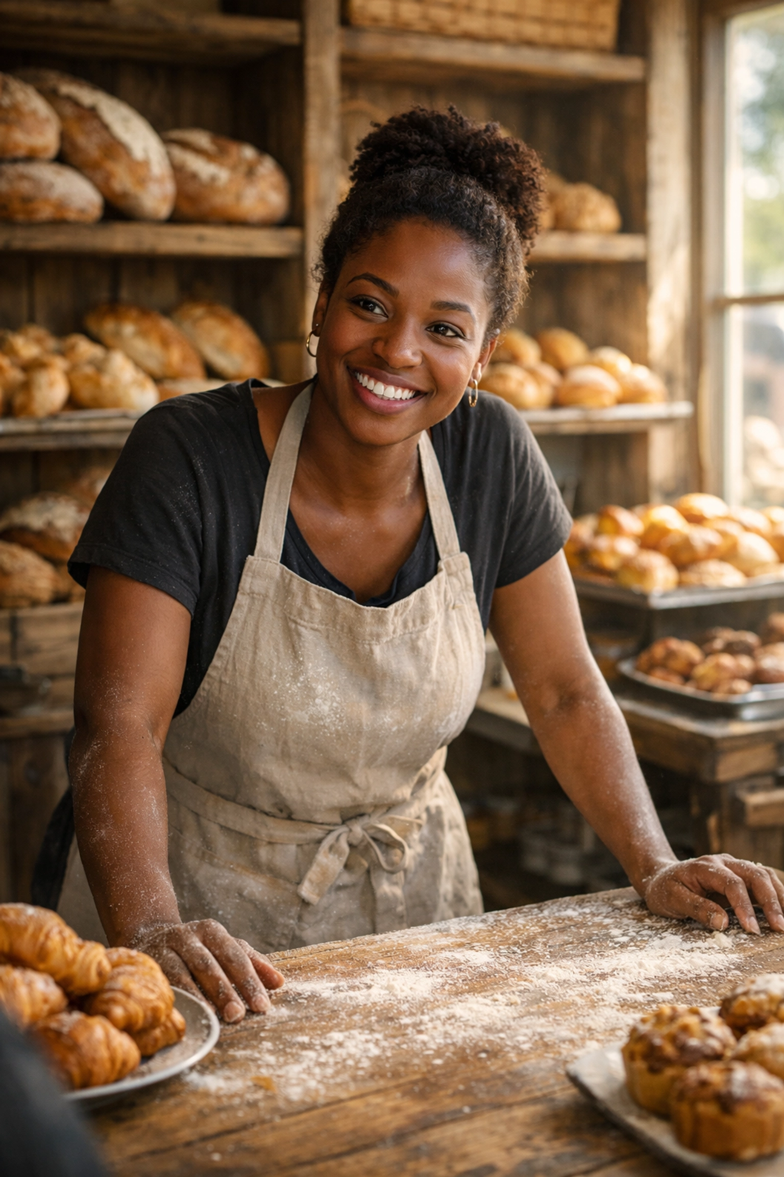 Black female business owner smiling in her local bakery, representing Black community economic development.