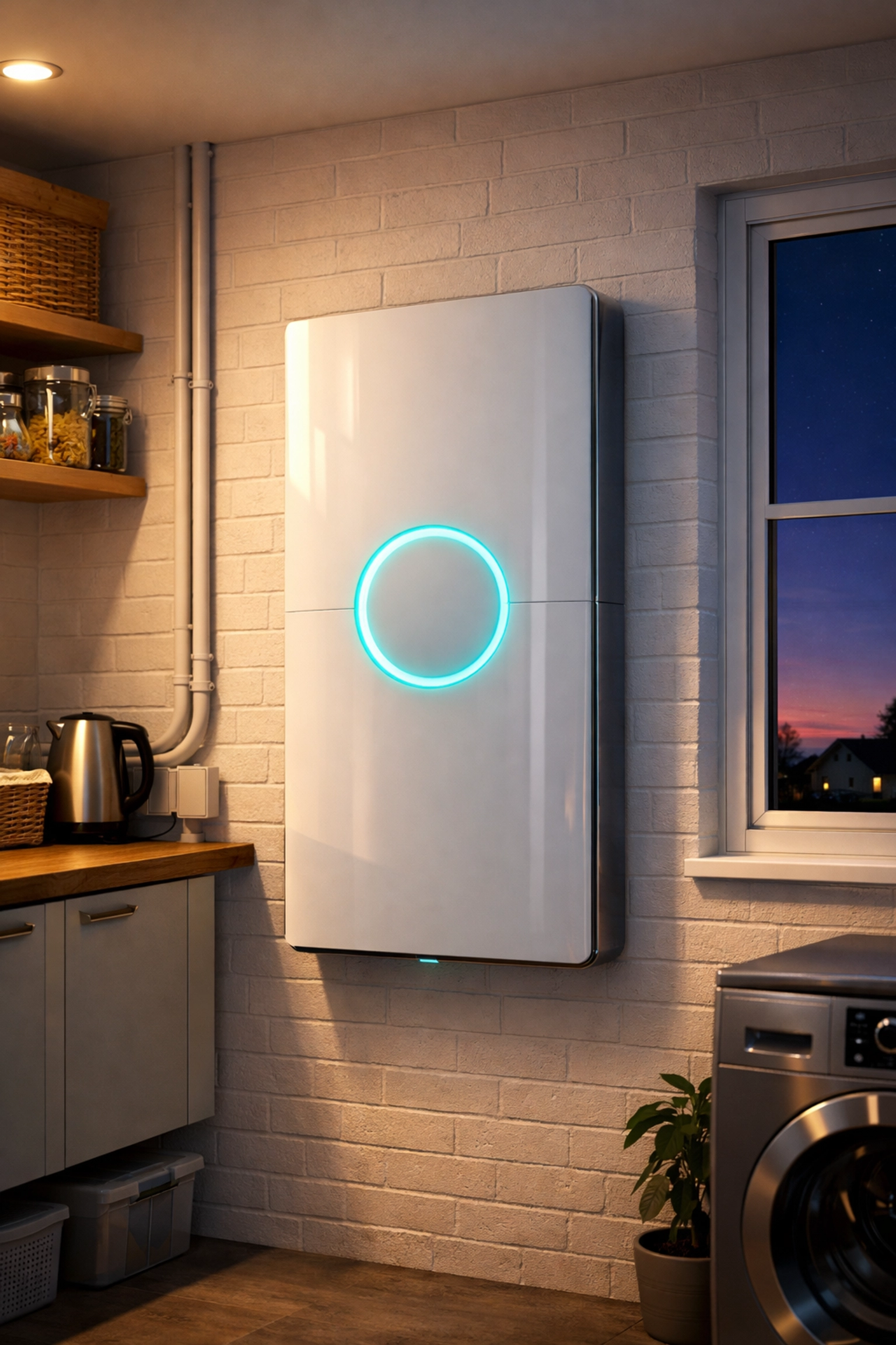 Modern solar battery storage system installed in a UK home utility room for energy independence.