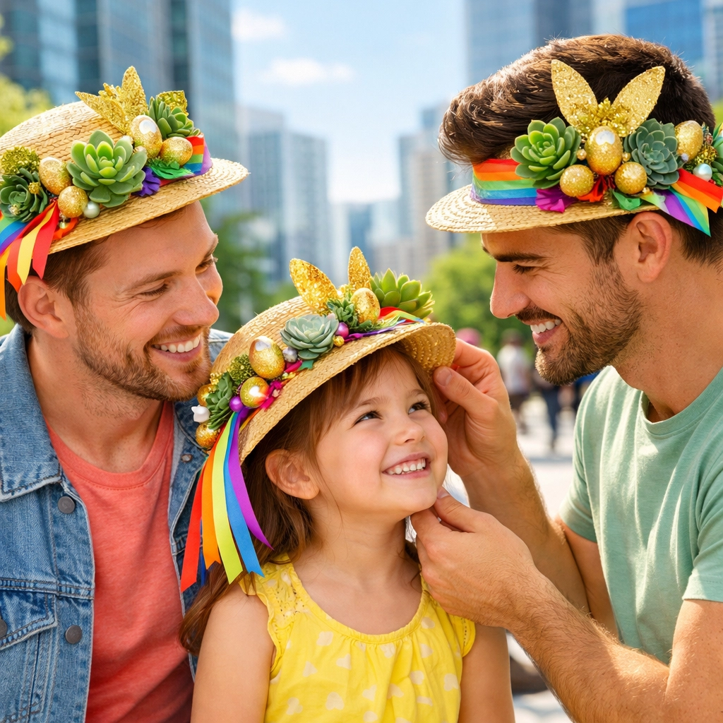 A gay couple and their daughter wearing colorful rainbow Easter bonnets in a modern urban landscape.