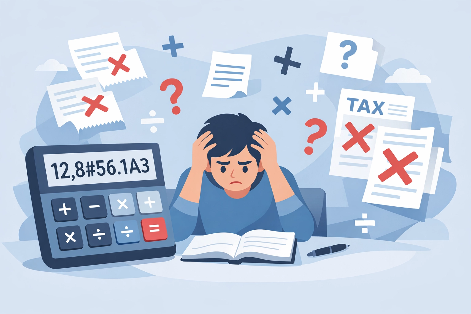 Tax calculation errors with calculator and forms showing common math mistakes