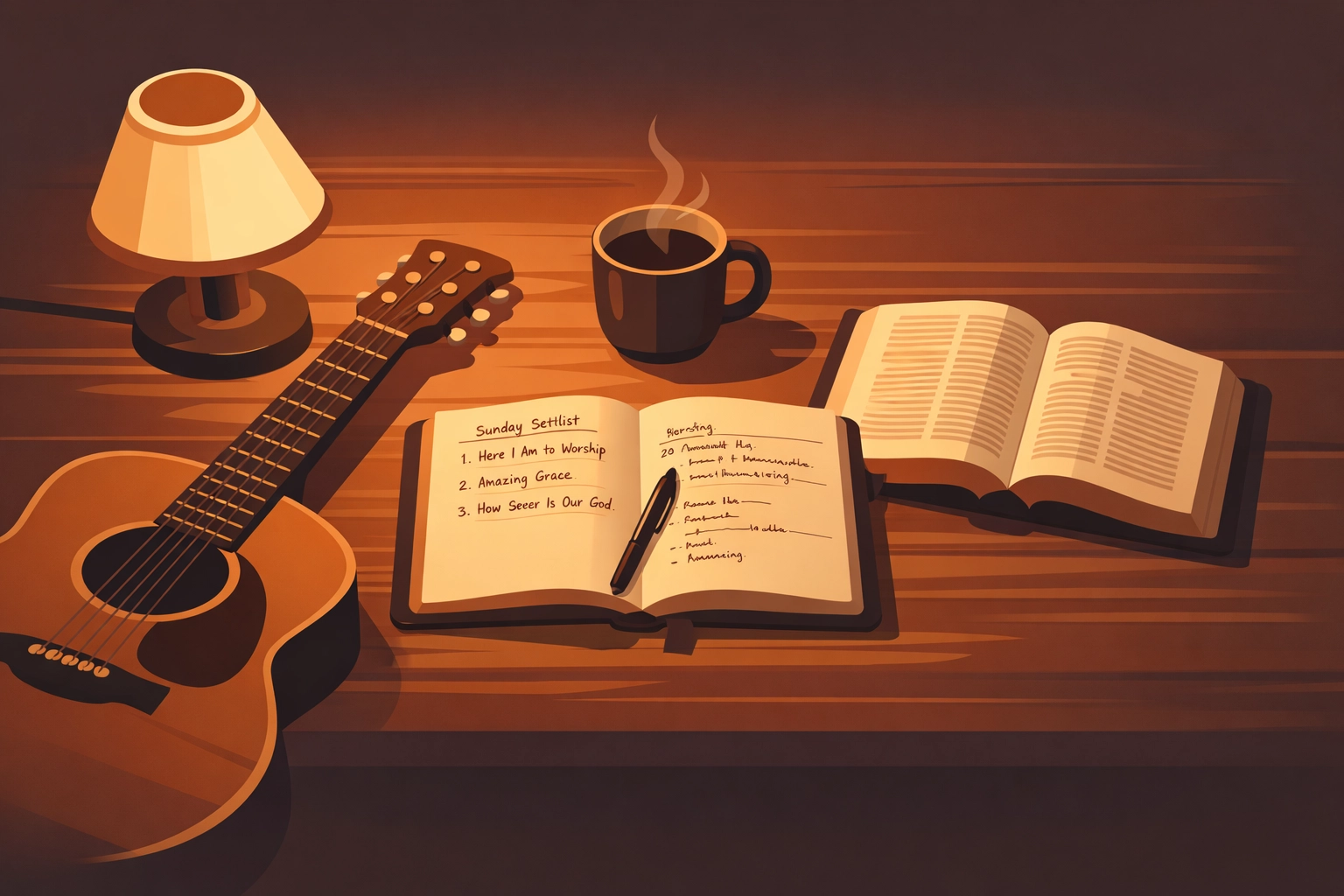 Worship leader's workspace with guitar, Bible, journal and coffee for prayerful setlist preparation