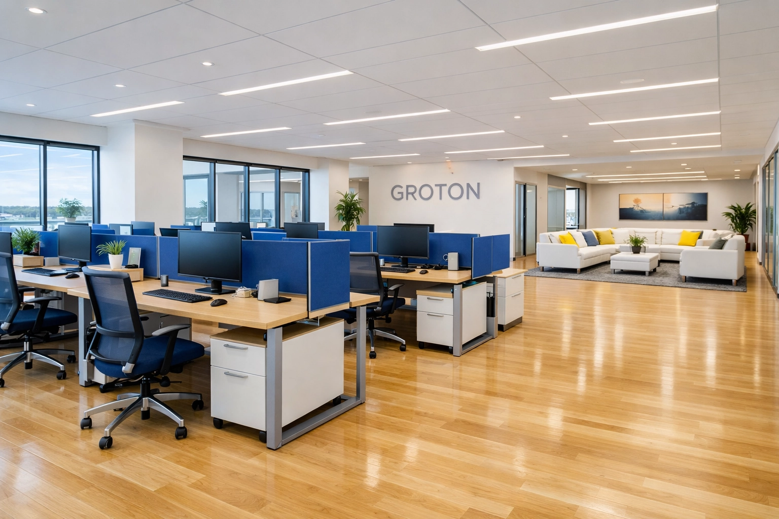 Pristine open-concept professional workspace in Groton, MA, cleaned with eco-friendly commercial products.