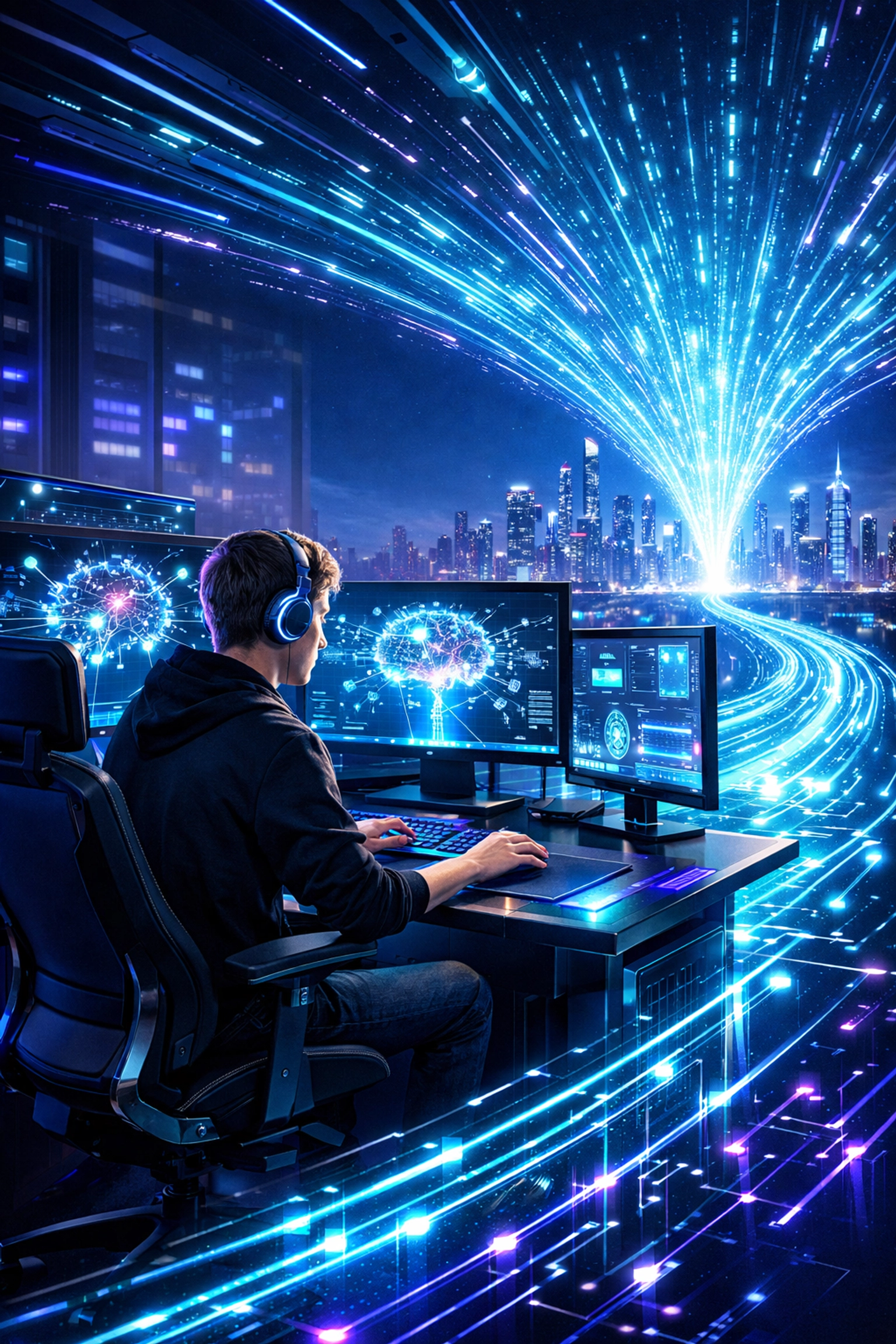 Gen Z student at an AI-ready workstation representing a digital talent funnel and career pathway.