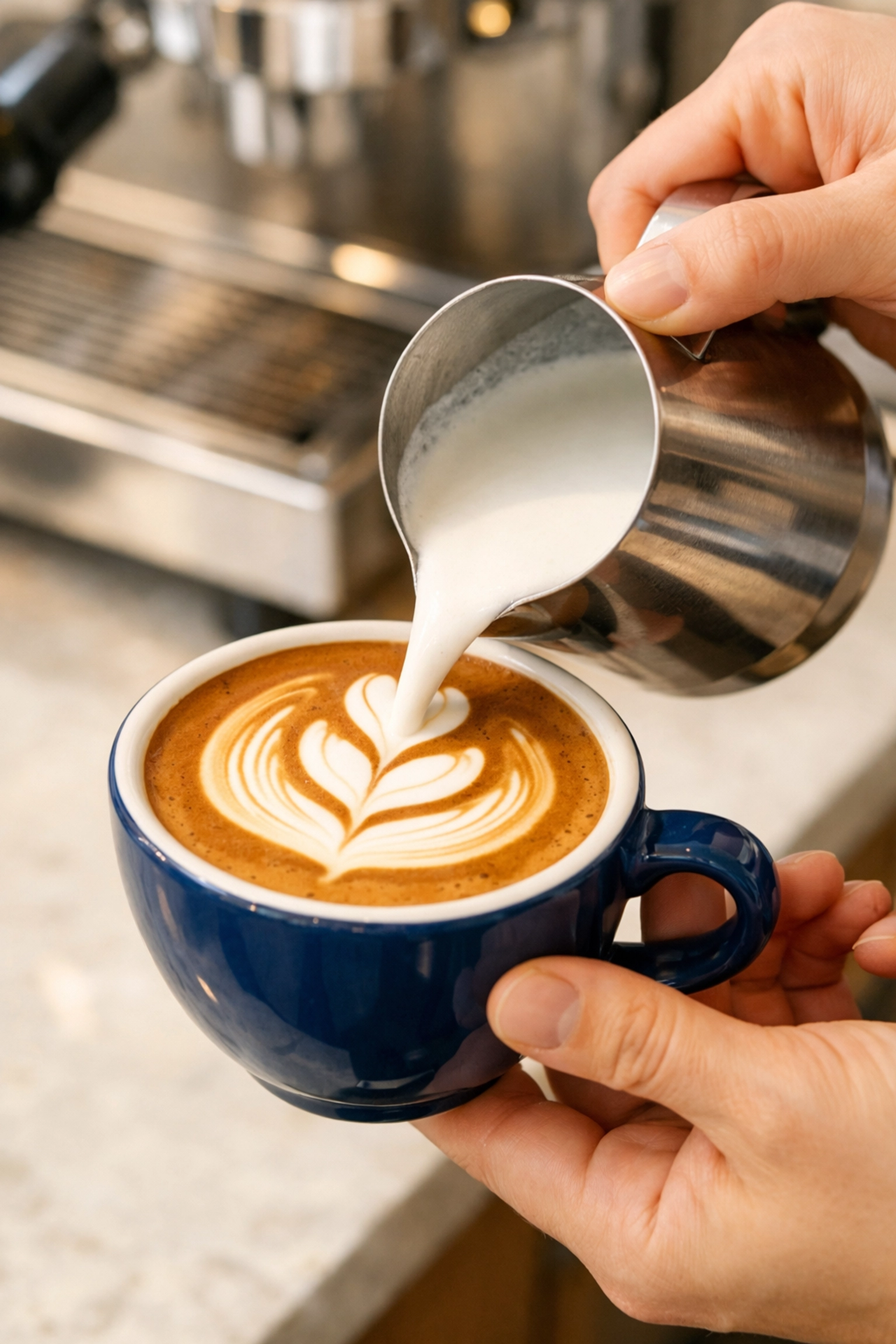 Expert barista pouring latte art, highlighting the results of professional barista training for coffee shops.