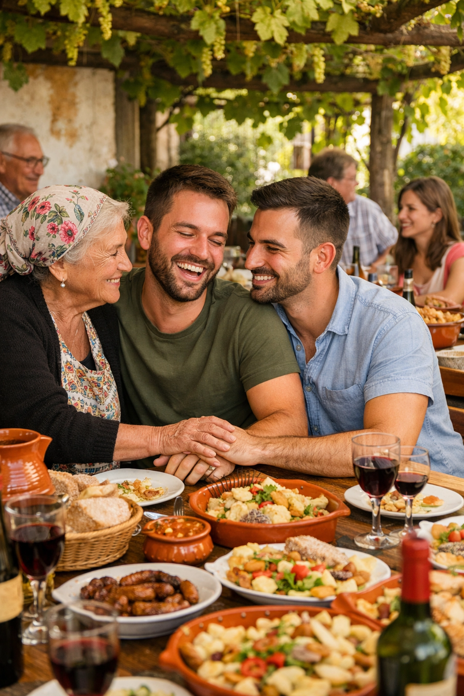 A gay couple being welcomed at a Portuguese family Sunday lunch, a heartwarming trope in MM contemporary novels.