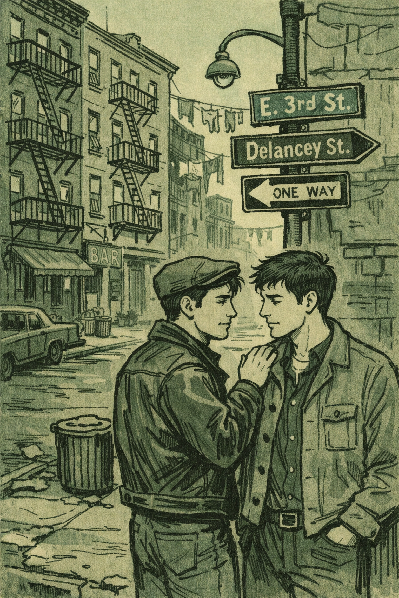 Two men share intimate moment on 1960s Lower East Side street, Jackie Curtis's working-class roots