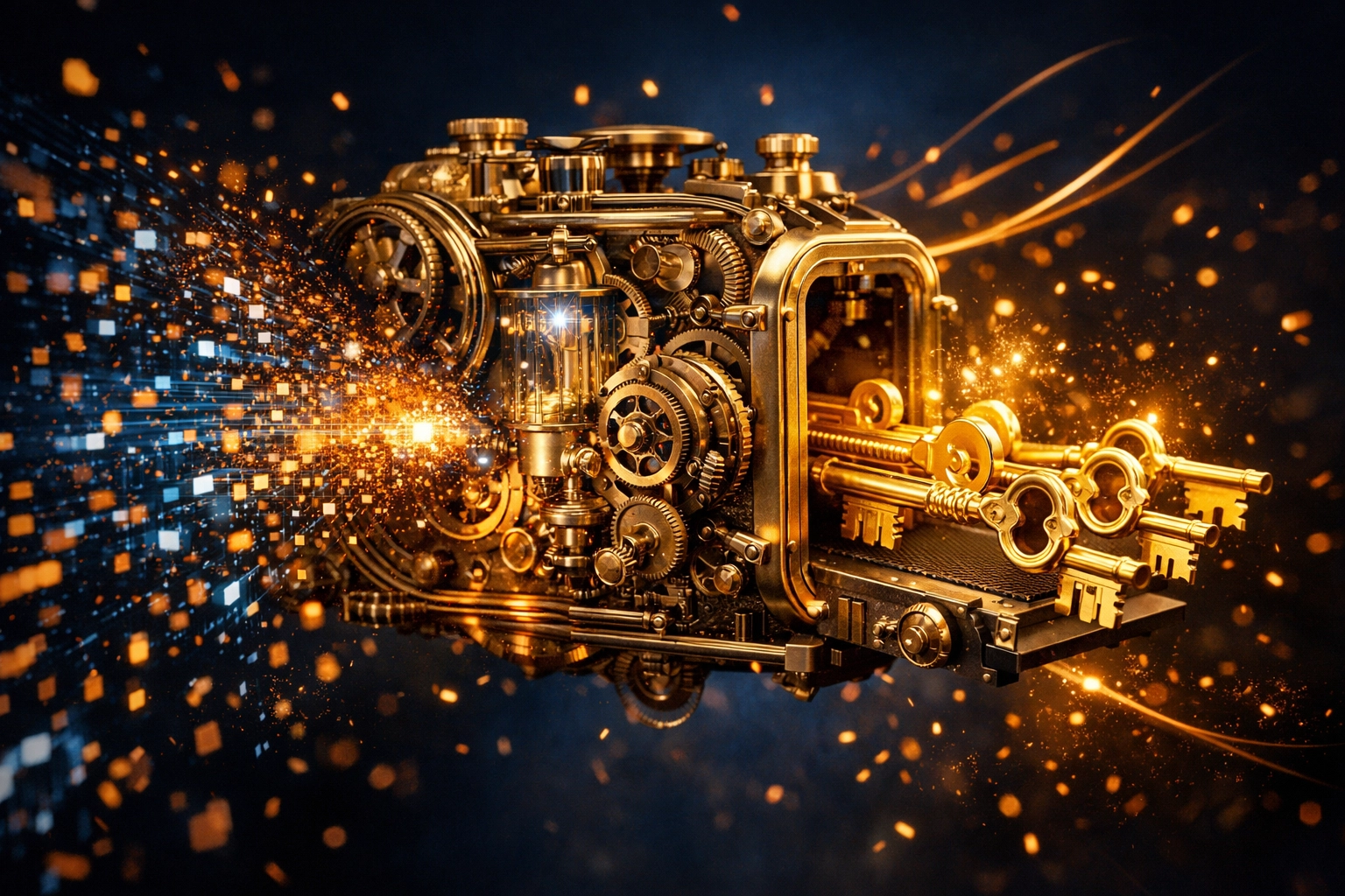 Golden mechanism converting data into keys, illustrating effective conversion rate optimization and leads.
