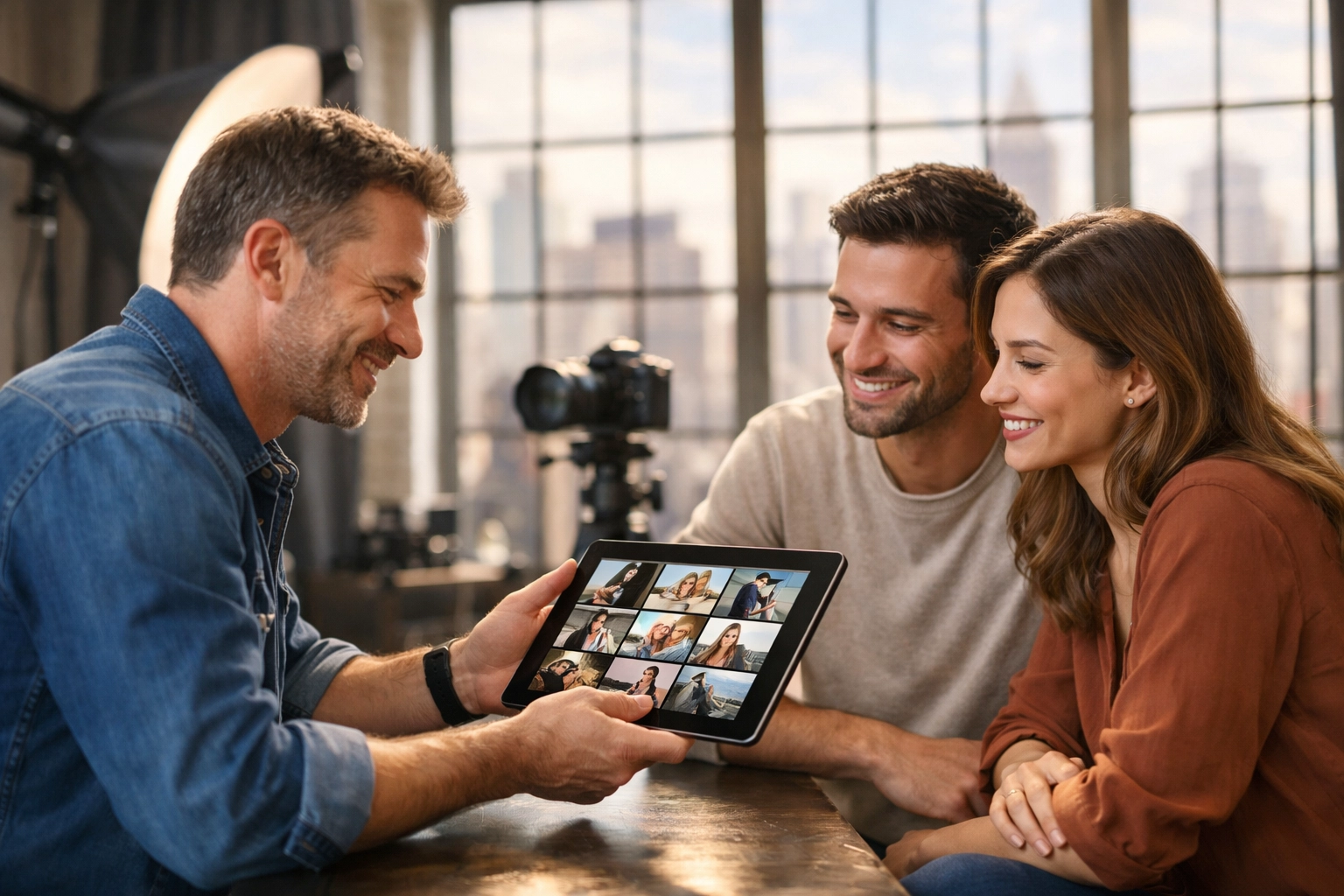 Professional photographer sharing a digital portfolio with clients for a trusted photography booking experience.