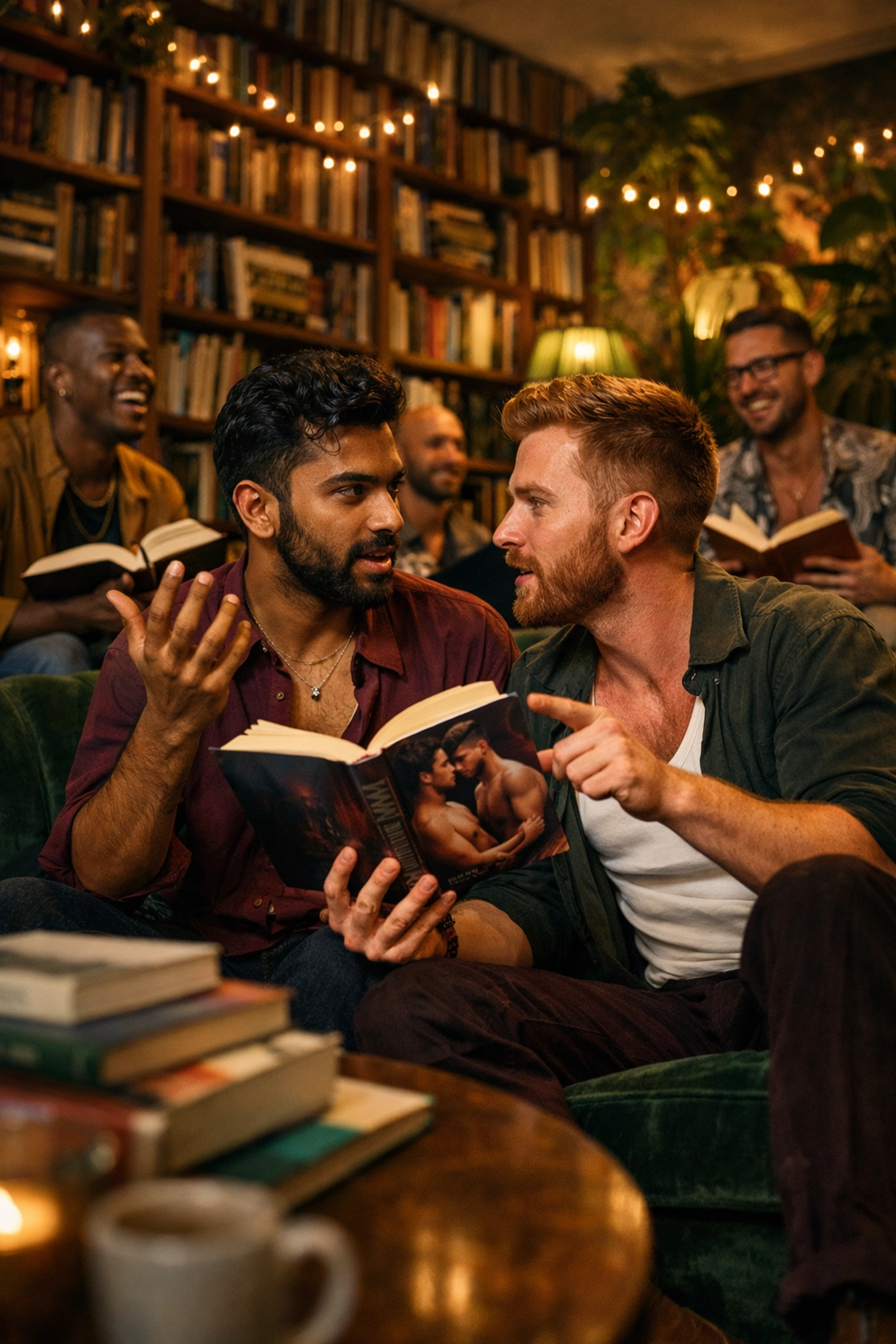 Queer men in a cozy library debating a gay romance novel during a book club meeting.