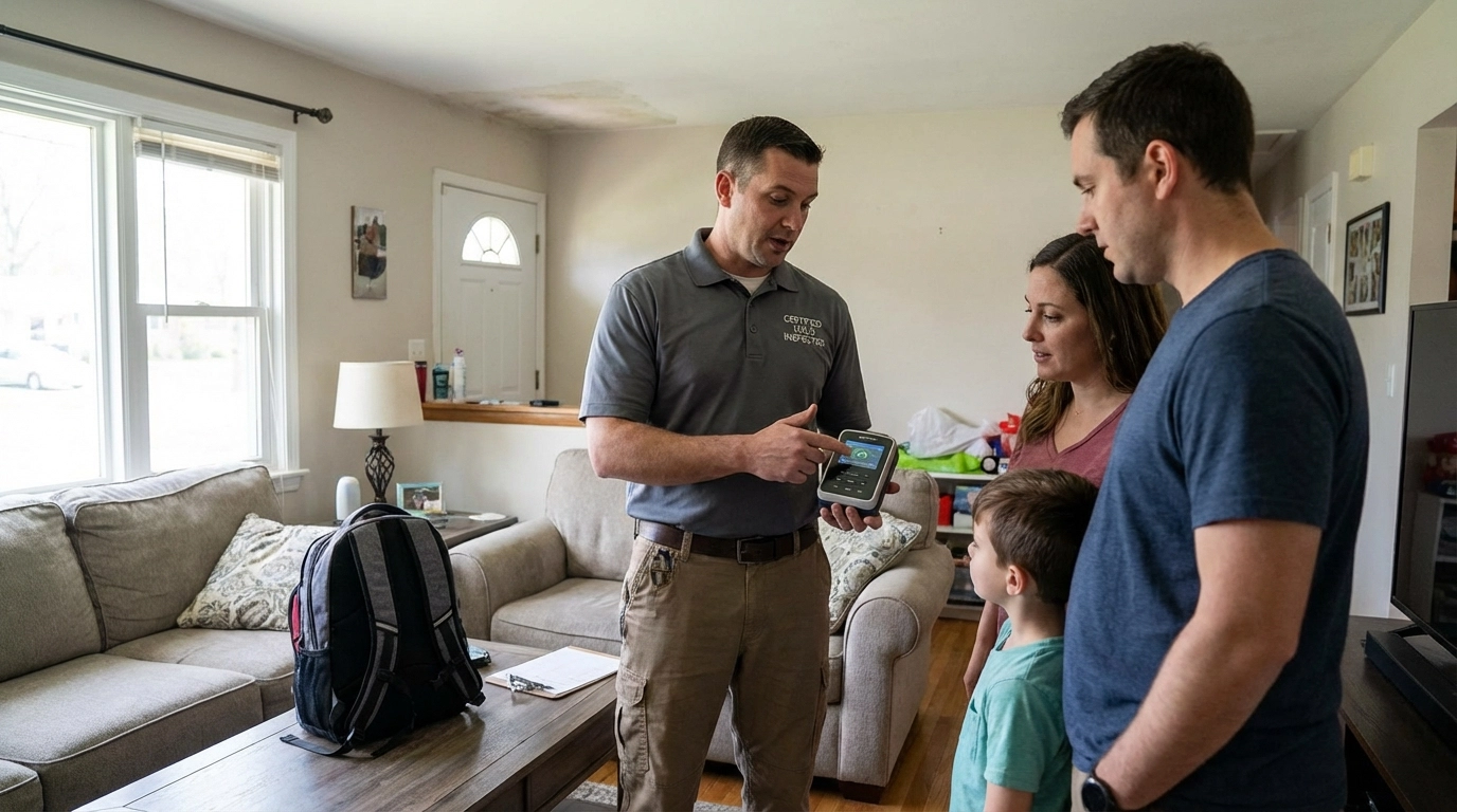 Certified mold inspector explaining indoor air quality results to a family