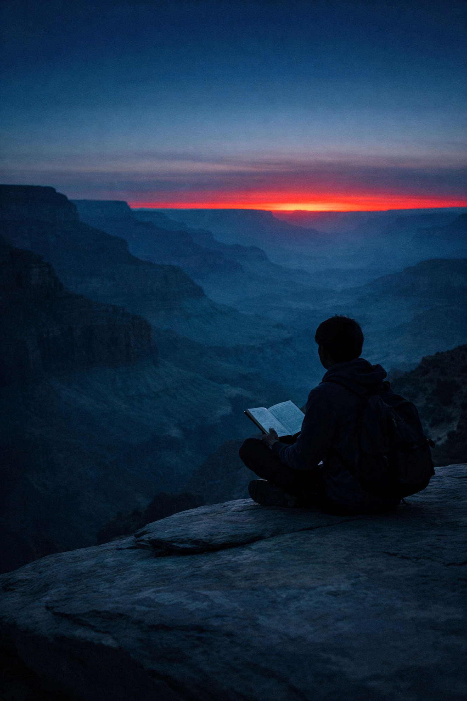 Student journaling and reflecting on their purpose overlooking a desert canyon at twilight.
