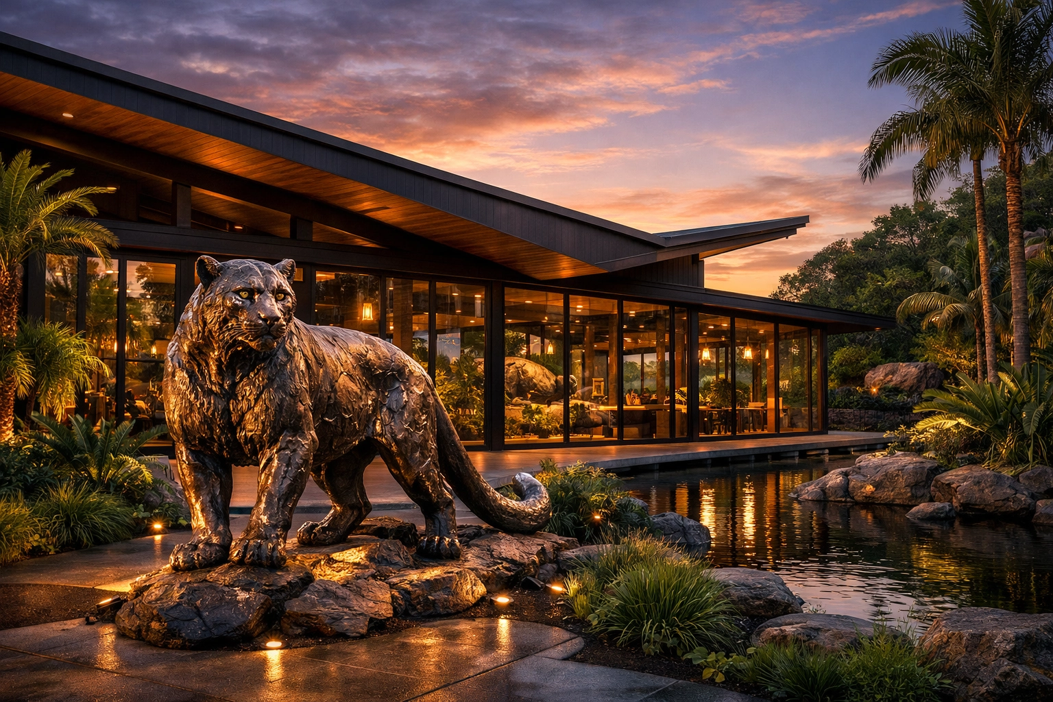 Modern zoo pavilion with a snow leopard sculpture showcasing a unique corporate identity and high-end branding.