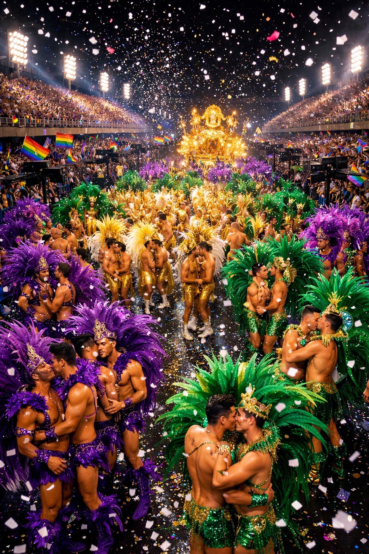 Rio Carnival Sambadrome final parade with samba dancers in feathered costumes and confetti
