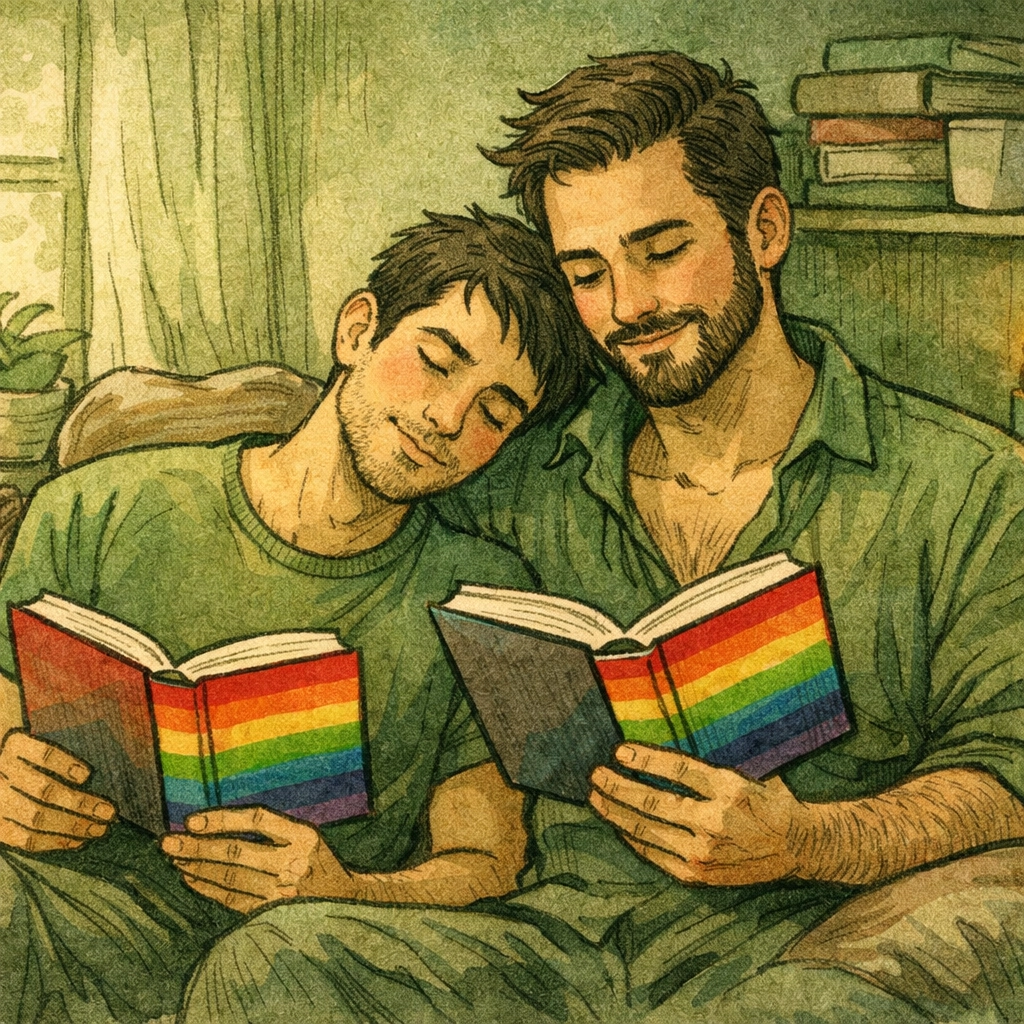 Gay couple reading LGBTQ+ books together in cozy reading nook with rainbow spines
