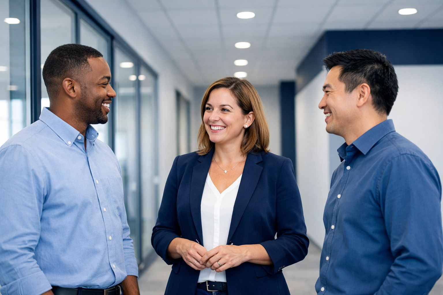 Diverse employees talking in a modern office, representing higher retention and satisfaction through better benefits.