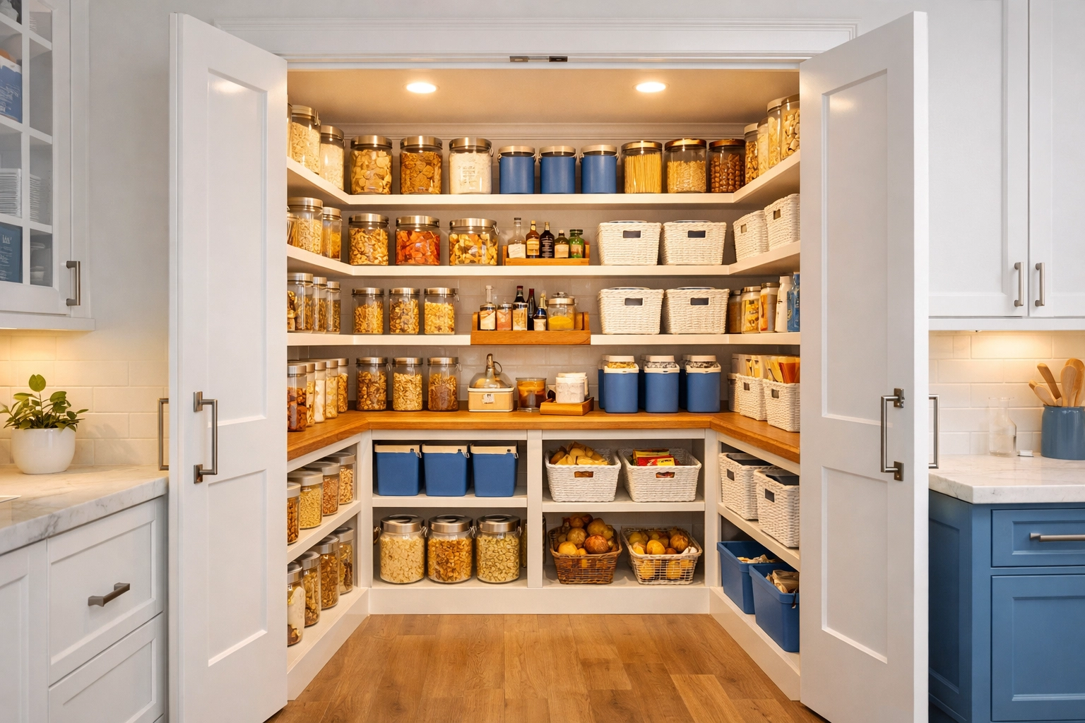 A fully organized luxury walk-in pantry with clear jars and baskets, showing the final clean results.