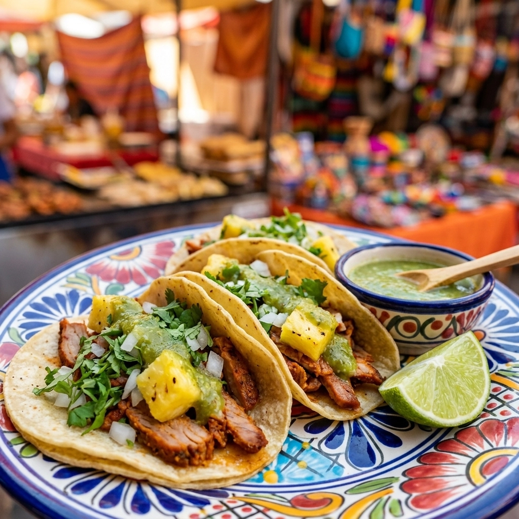 A close-up shot of three authentic Mexican street tacos al pastor on a colorful plate