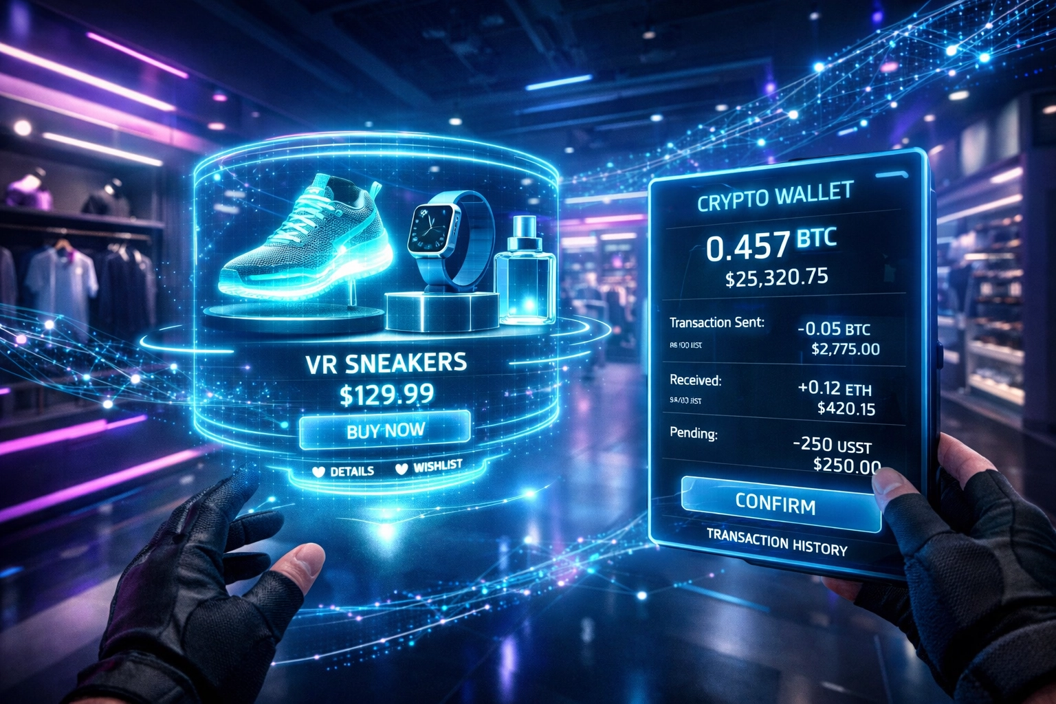 VR shopping environment with holographic products and cryptocurrency payment interface