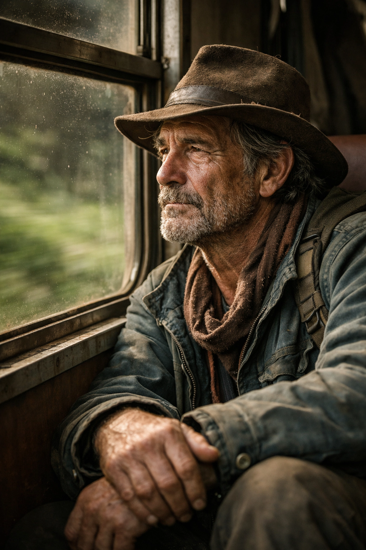 Emotive documentary portrait of a traveler by a window showcasing subtle post-processing in photo editing tutorials.