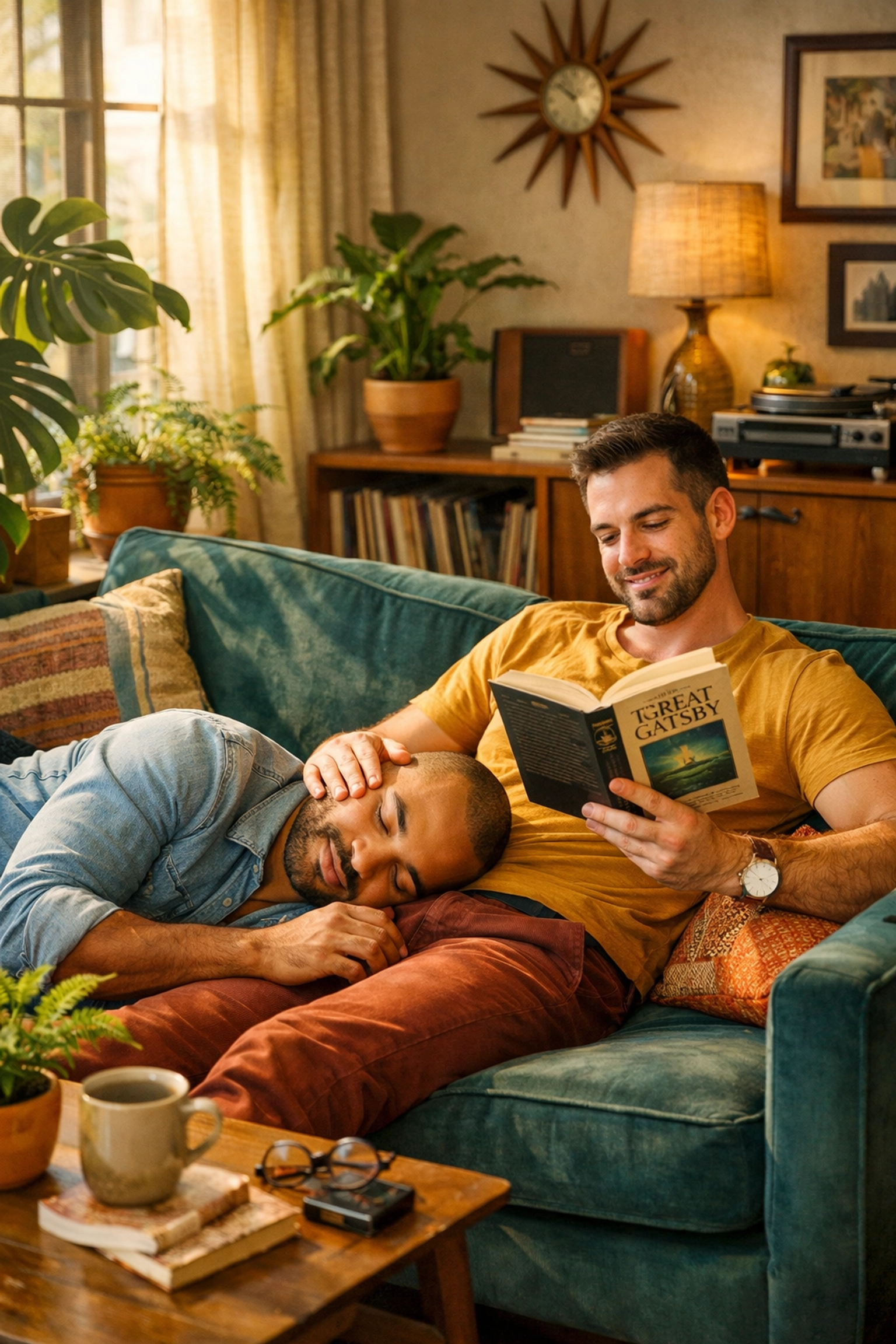 A loving gay couple in a mid-century home, reflecting the private morality themes in queer fiction.