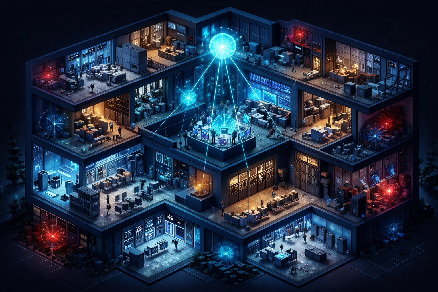 Corporate building with glowing AI nodes reveals complex AI systems and hidden risks in organizational risk management.
