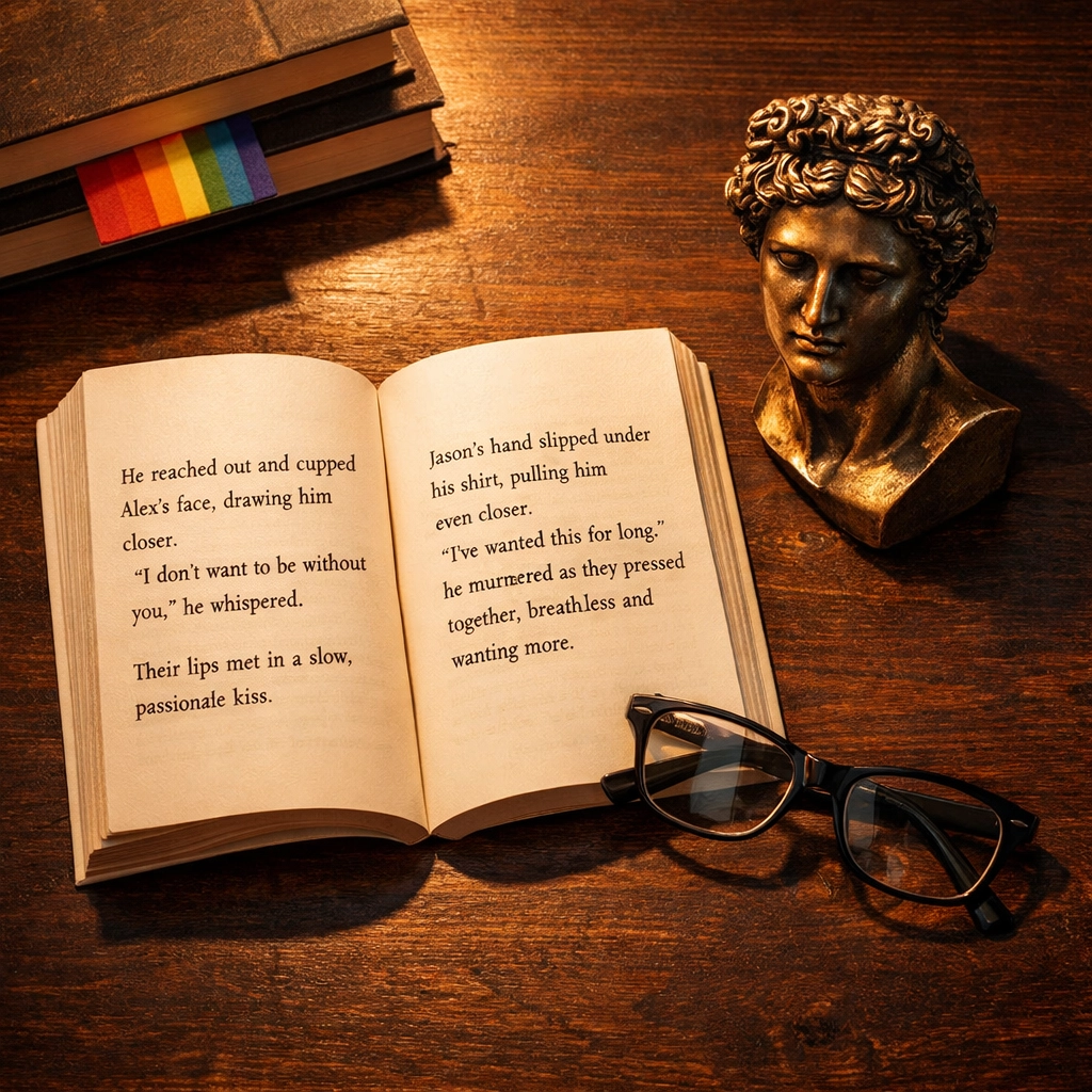 MM romance novel alongside a classical bronze bust and a rainbow bookmark.