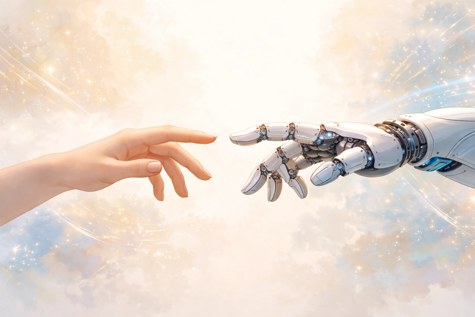 Human and robotic hands reaching toward each other representing AI and human collaboration boundaries