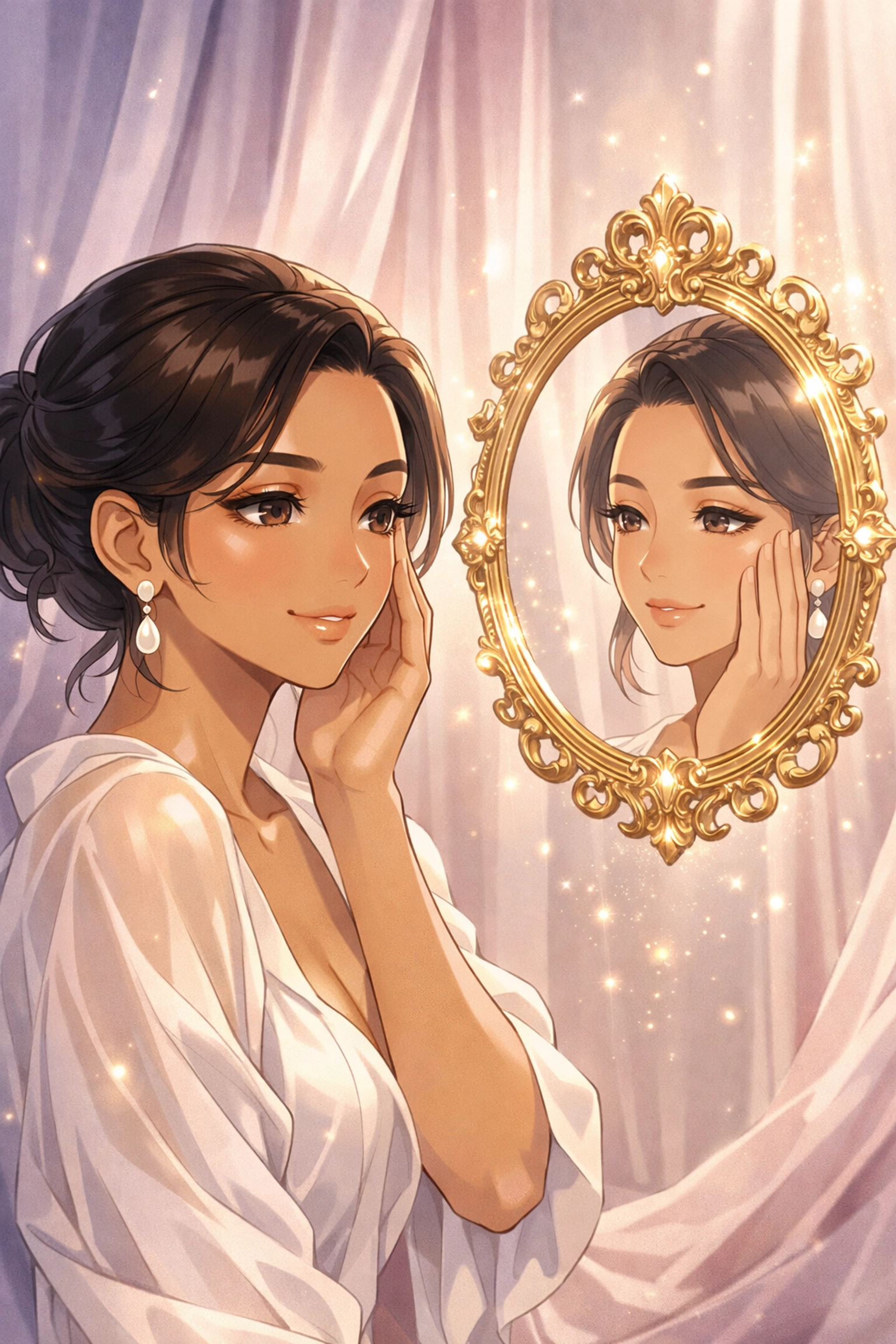 A serene woman admires her flawless healed nano brows in a luxury mirror, showcasing skin-first aftercare results.