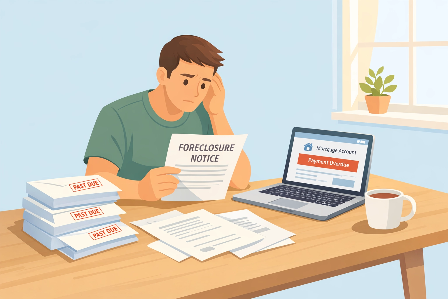 NJ homeowner reviewing foreclosure documents and past due bills at kitchen table