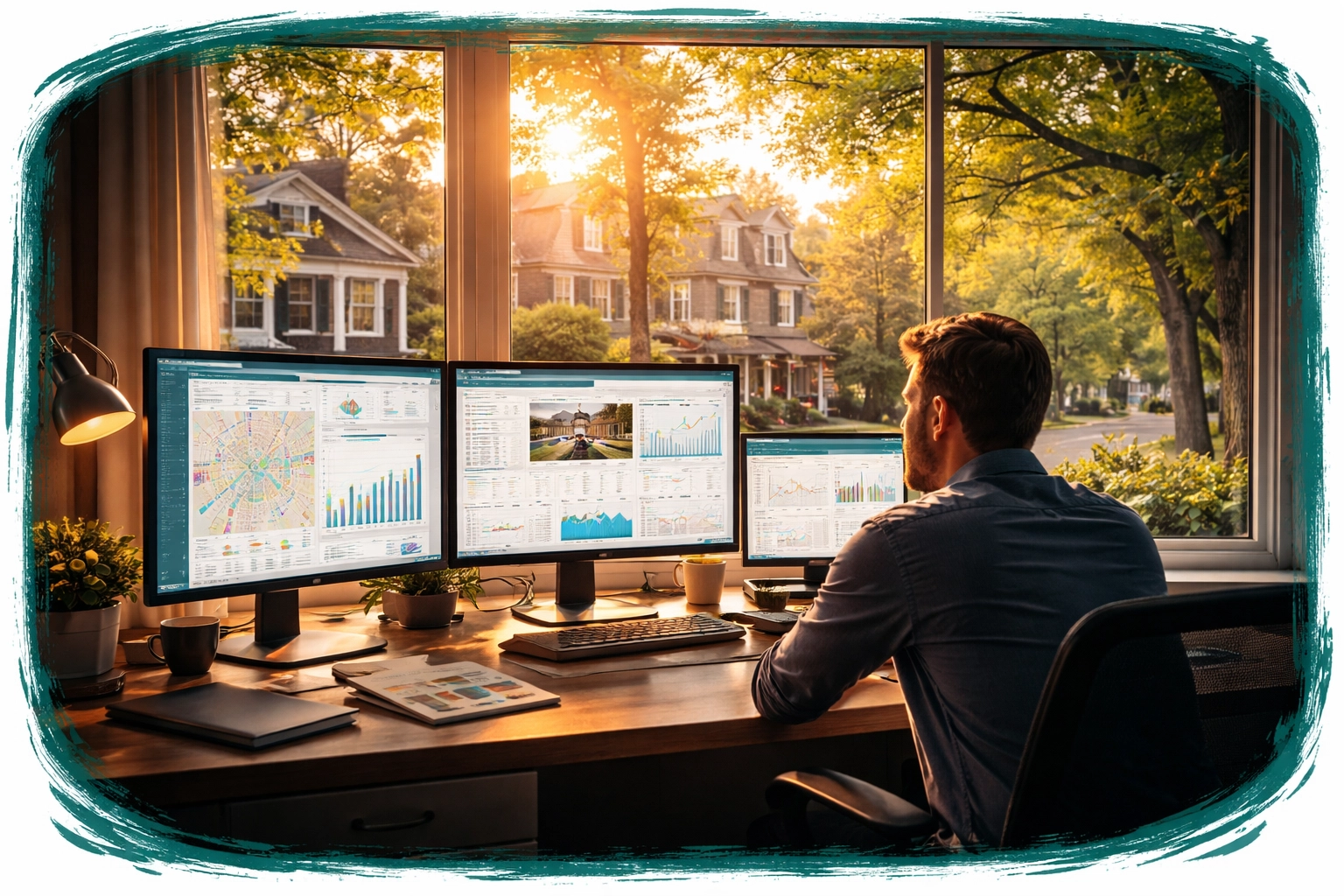 Person reviewing real estate data while looking at a charming Philadelphia suburban neighborhood